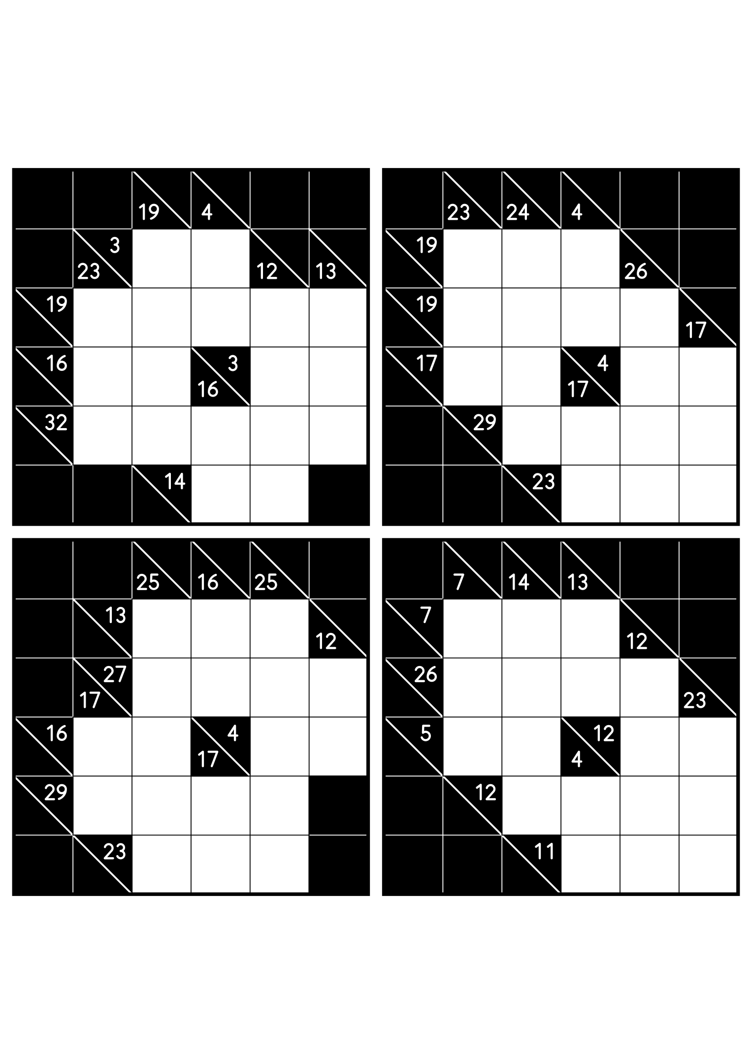Four easy 6x6 kakuro grids, each solved from the combinations of its clues. Level: Easy, 4 puzzles per page. Variant 3.
