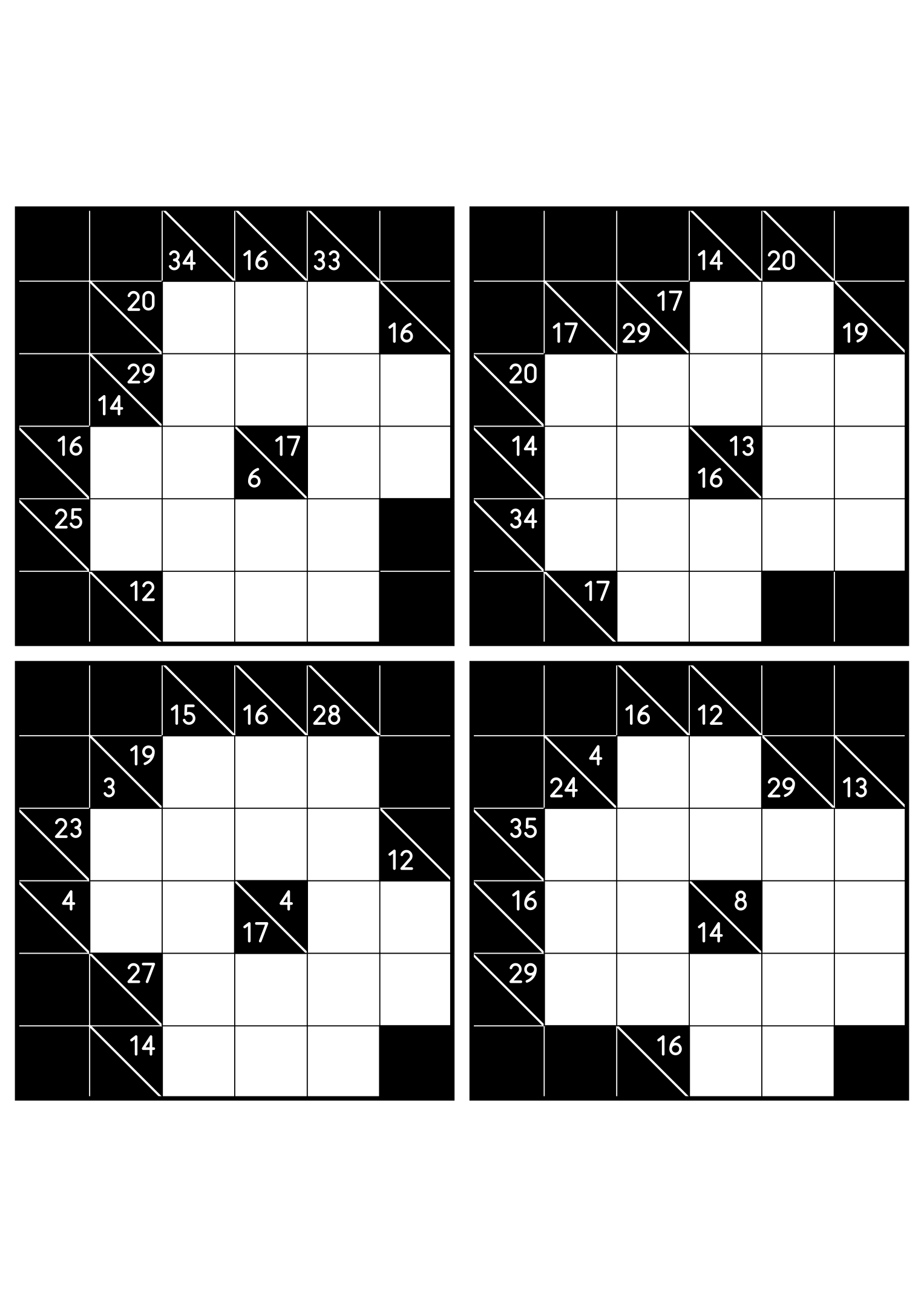 Four easy 6x6 kakuro grids, each solved from the combinations of its clues. Level: Easy, 4 puzzles per page. Variant 4.