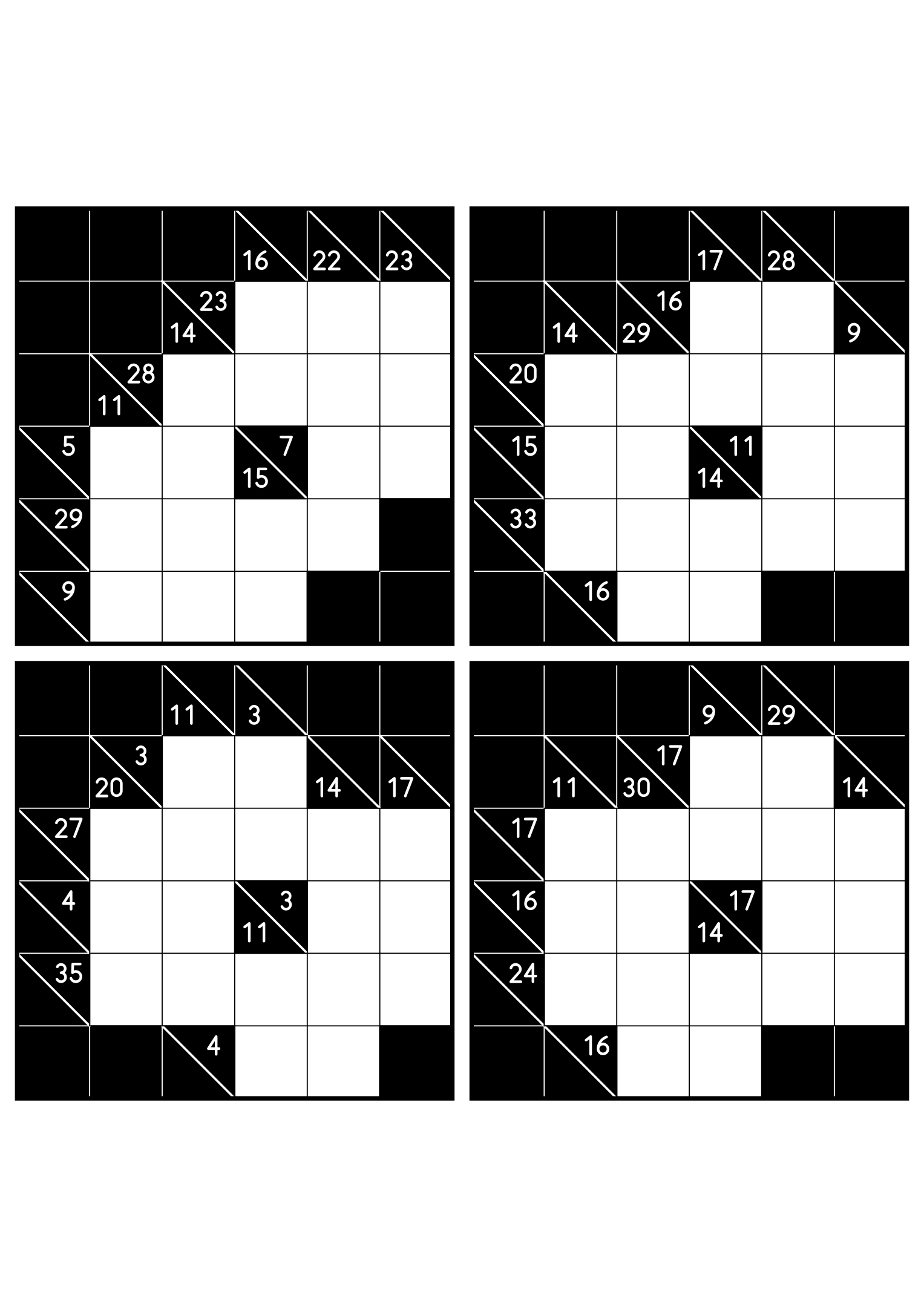 Four easy 6x6 kakuro grids, each solved from the combinations of its clues. Level: Easy, 4 puzzles per page. Variant 5.