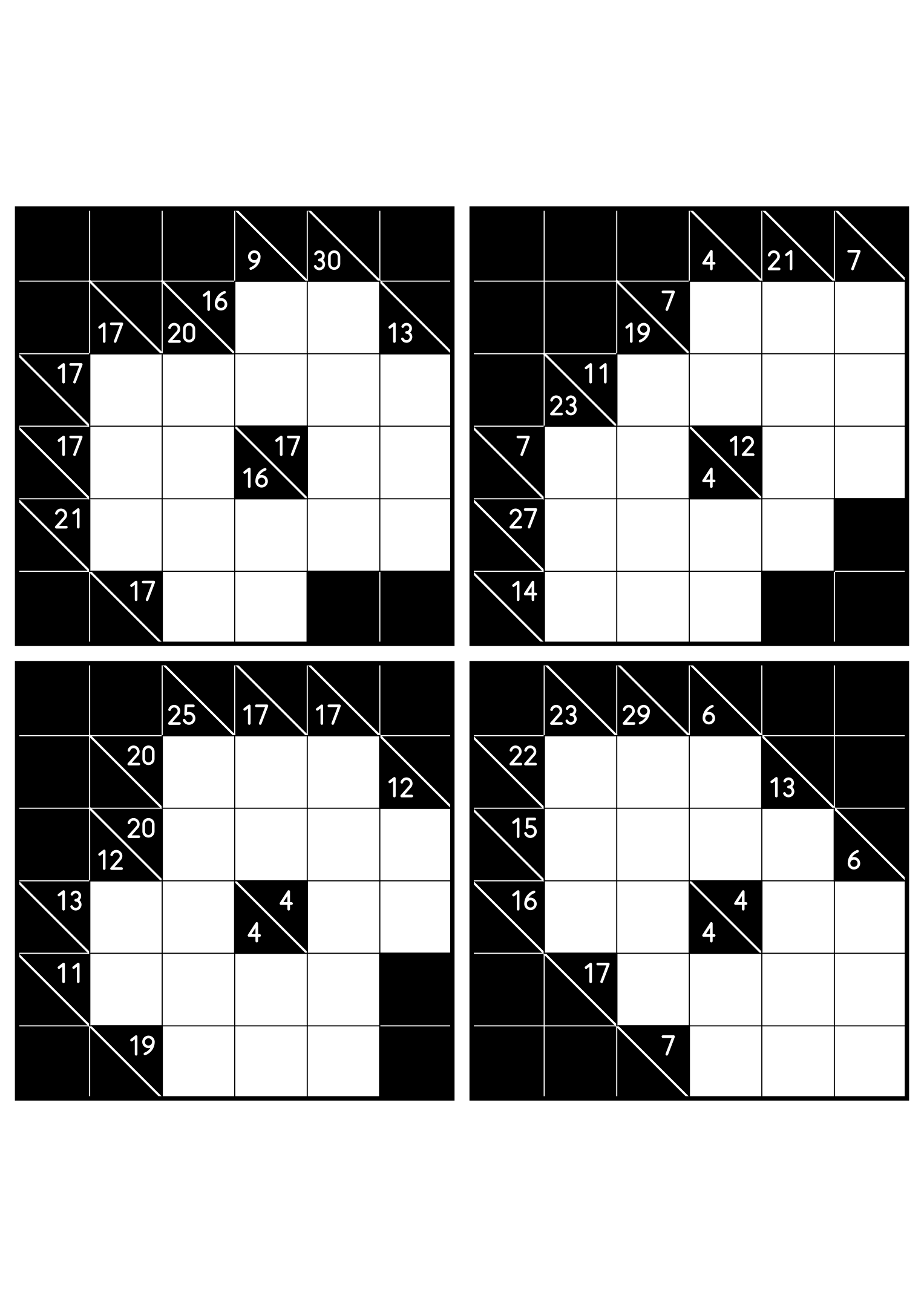 Four easy 6x6 kakuro grids, each solved from the combinations of its clues. Level: Easy, 4 puzzles per page. Variant 6.