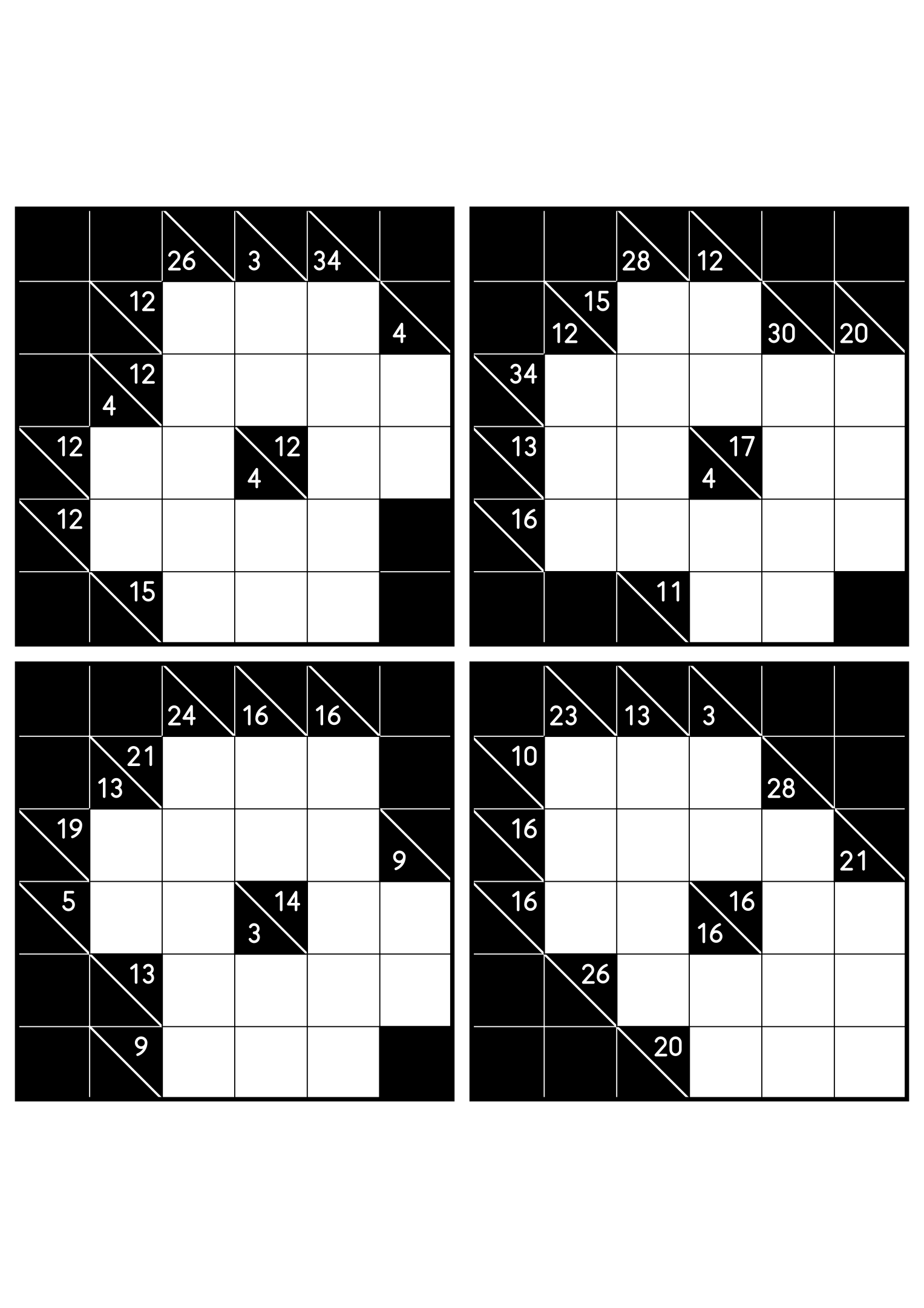 Four easy 6x6 kakuro grids, each solved from the combinations of its clues. Level: Easy, 4 puzzles per page. Variant 7.