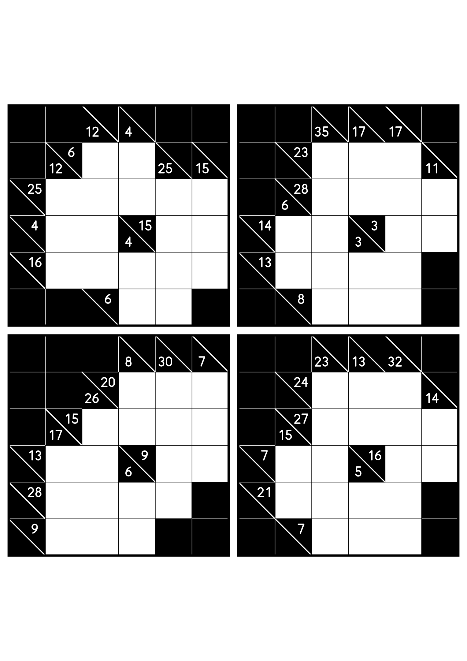 Four easy 6x6 kakuro grids, each solved from the combinations of its clues. Level: Easy, 4 puzzles per page. Variant 8.