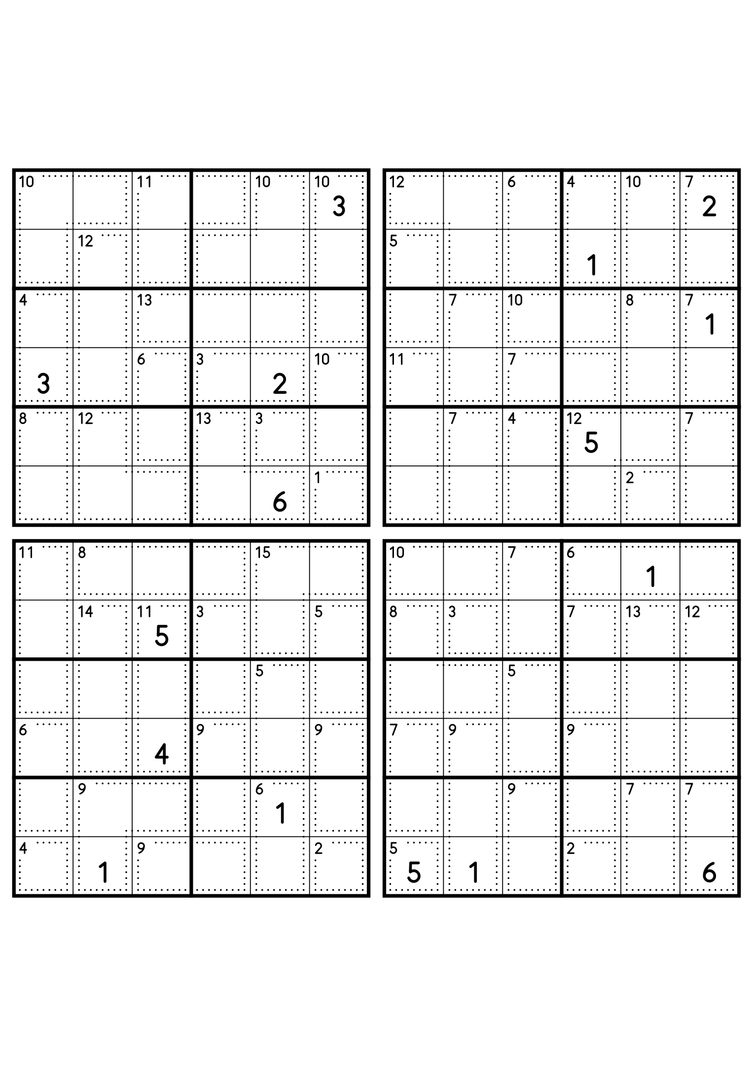 Four easy 6x6 killer sudoku grids, each with small cages and four given digits. Level: Easy, 4 puzzles per page. Variant 1.
