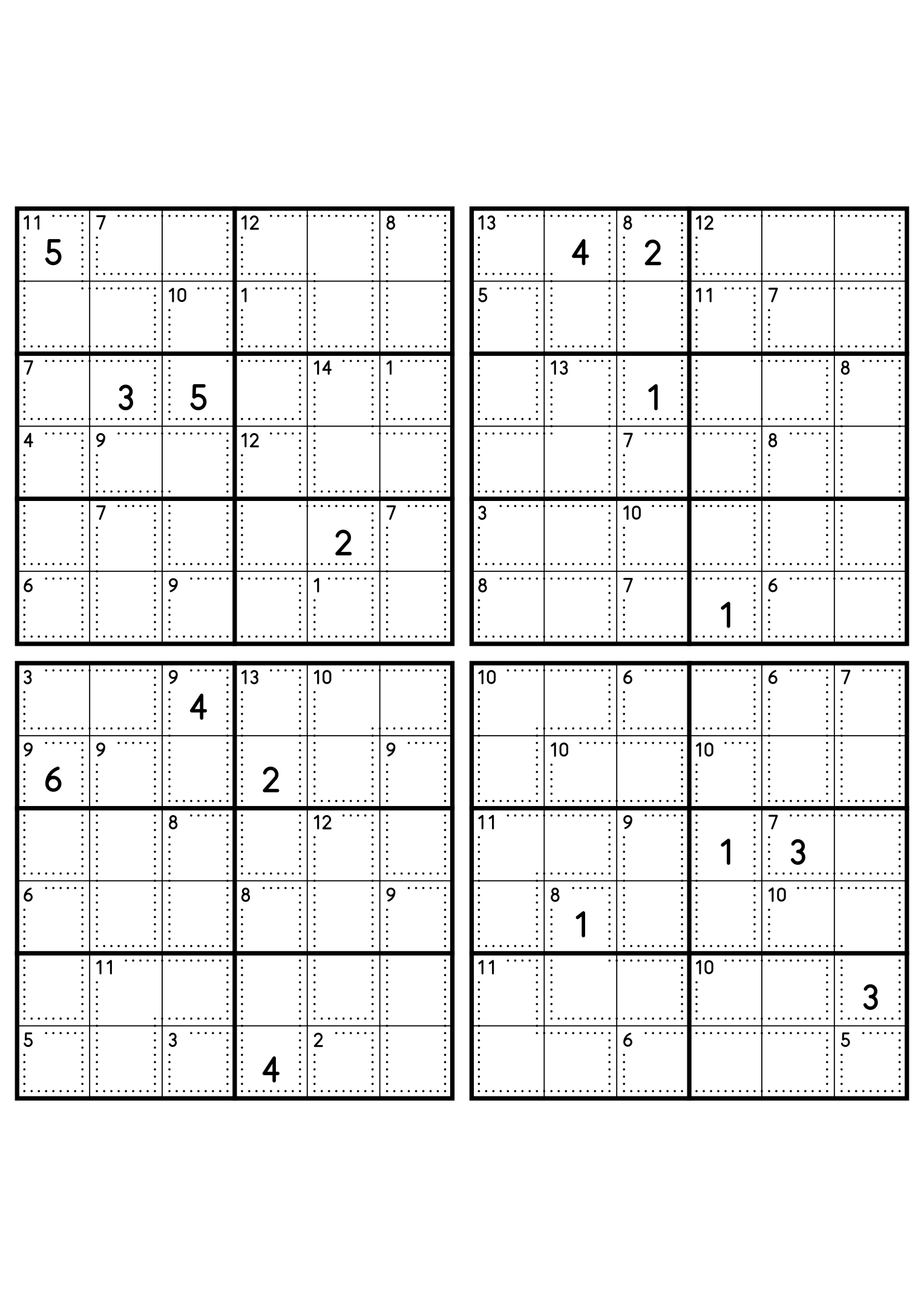 Four easy 6x6 killer sudoku grids, each with small cages and four given digits. Level: Easy, 4 puzzles per page. Variant 2.