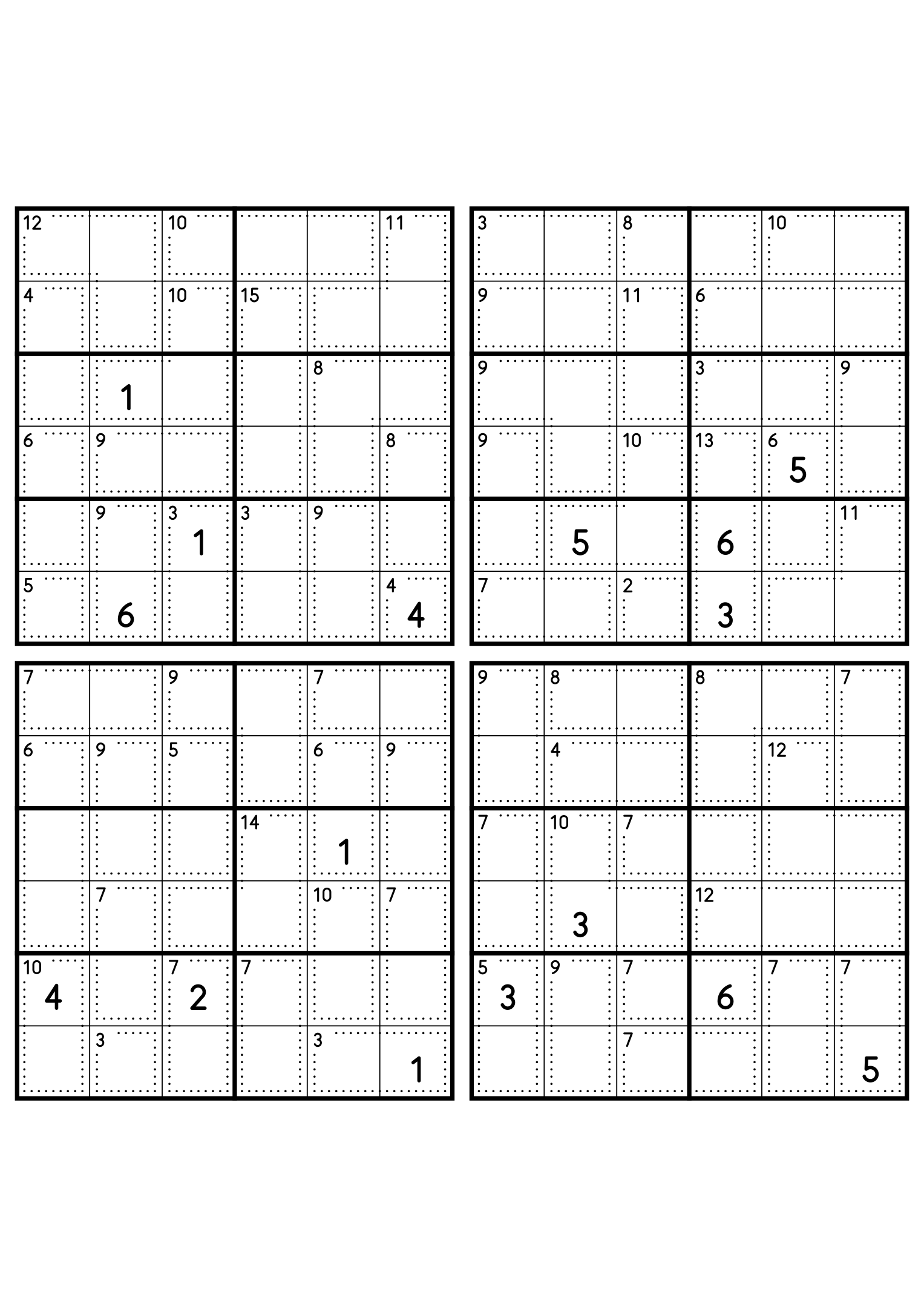 Four easy 6x6 killer sudoku grids, each with small cages and four given digits. Level: Easy, 4 puzzles per page. Variant 3.