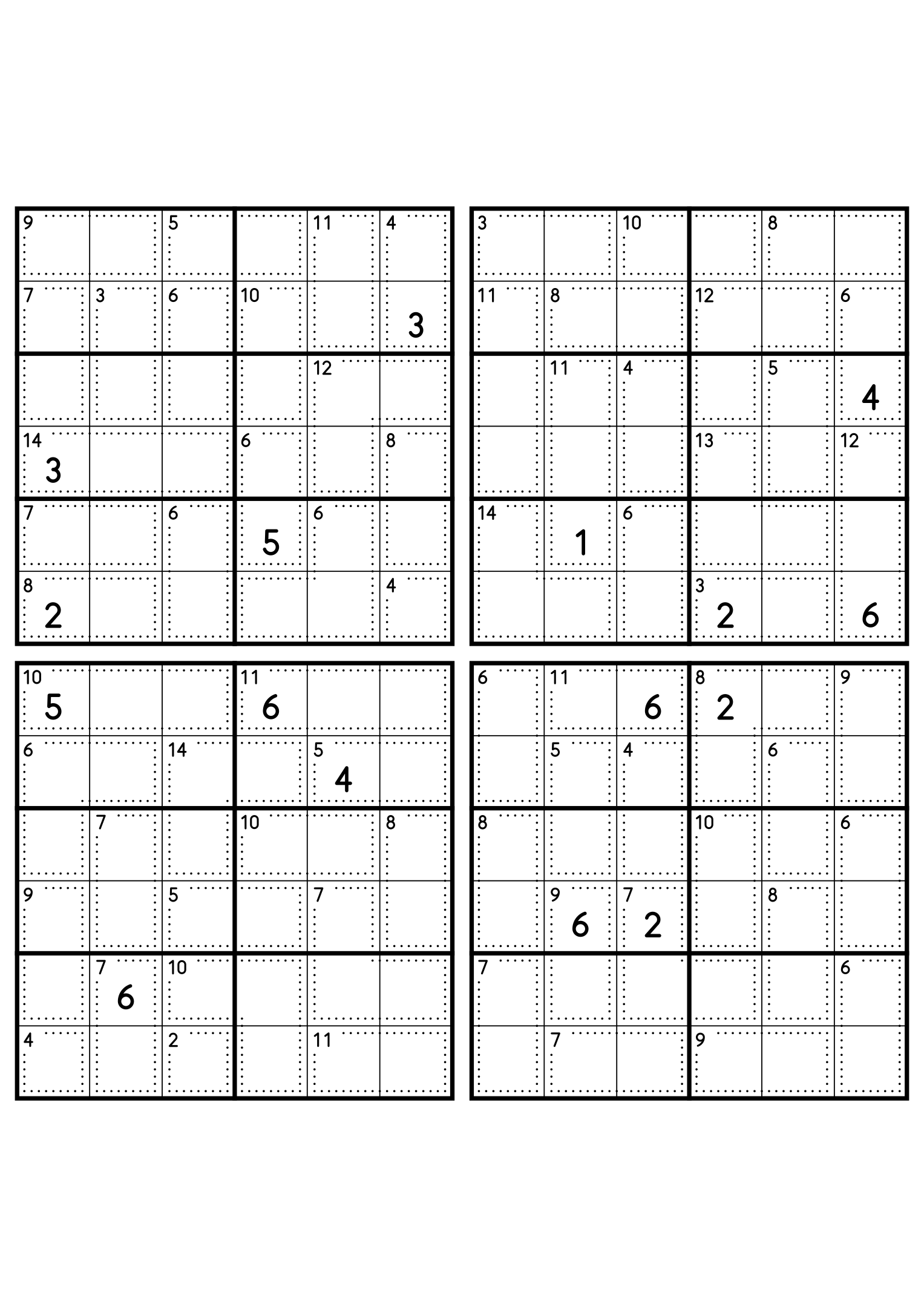 Four easy 6x6 killer sudoku grids, each with small cages and four given digits. Level: Easy, 4 puzzles per page. Variant 4.