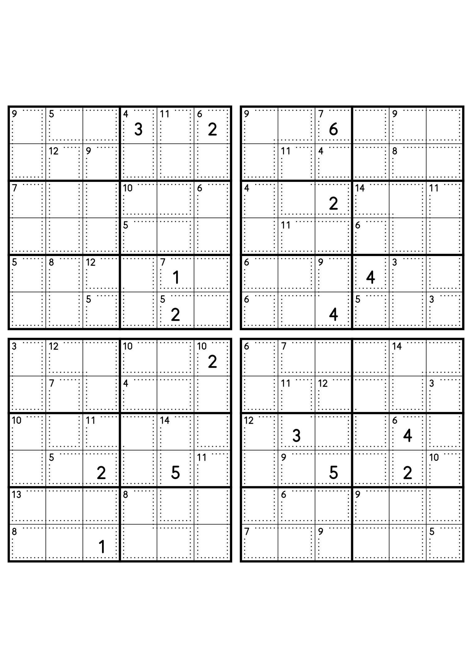 Four easy 6x6 killer sudoku grids, each with small cages and four given digits. Level: Easy, 4 puzzles per page. Variant 5.