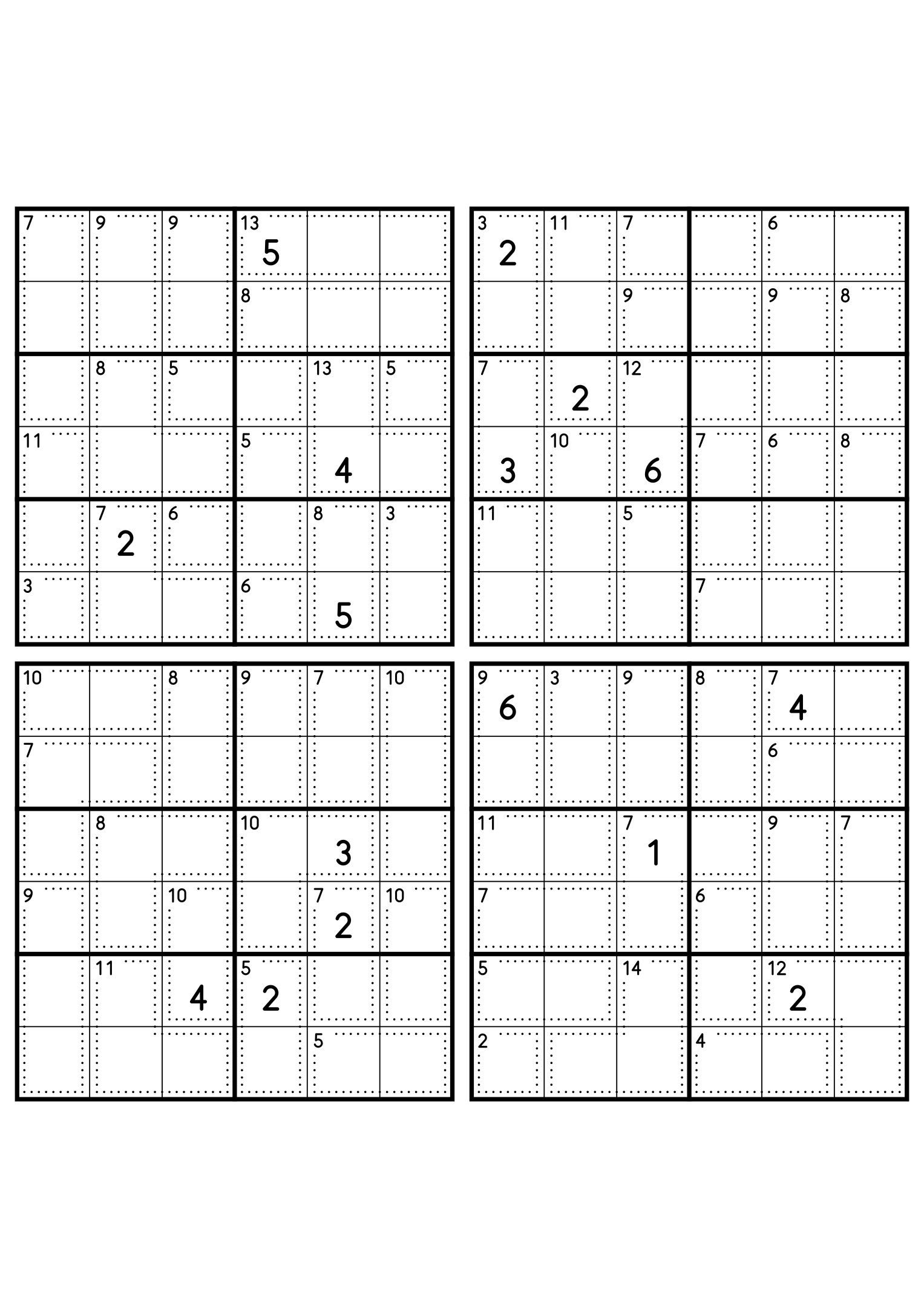 Four easy 6x6 killer sudoku grids, each with small cages and four given digits. Level: Easy, 4 puzzles per page. Variant 6.