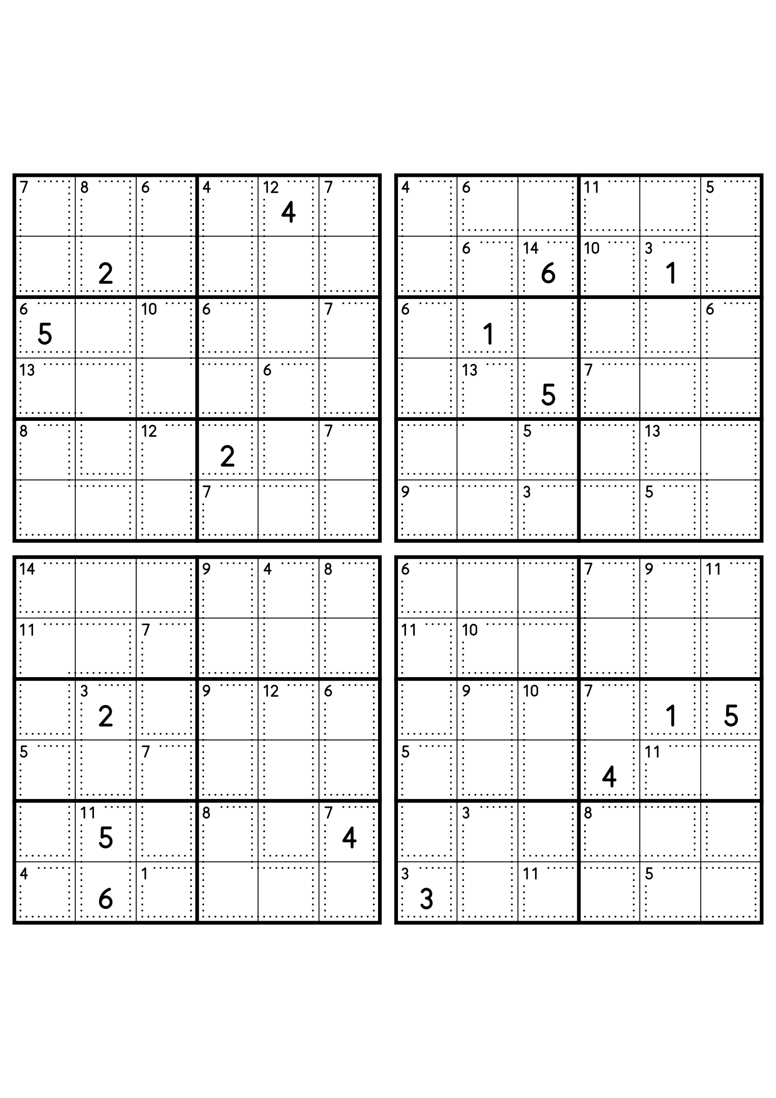 Four easy 6x6 killer sudoku grids, each with small cages and four given digits. Level: Easy, 4 puzzles per page. Variant 7.