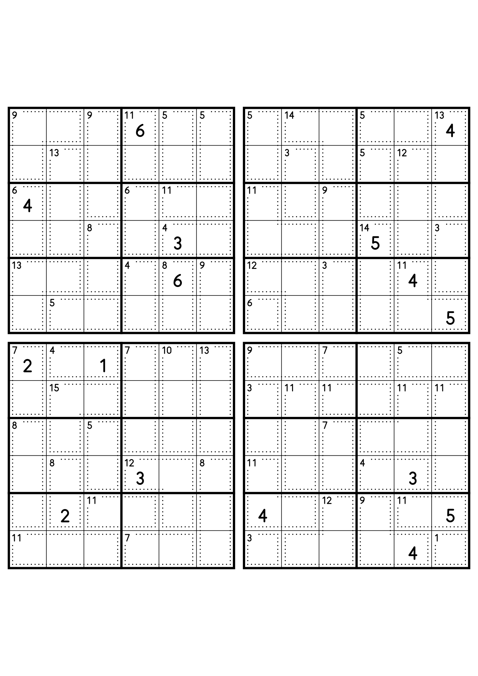 Four easy 6x6 killer sudoku grids, each with small cages and four given digits. Level: Easy, 4 puzzles per page. Variant 8.