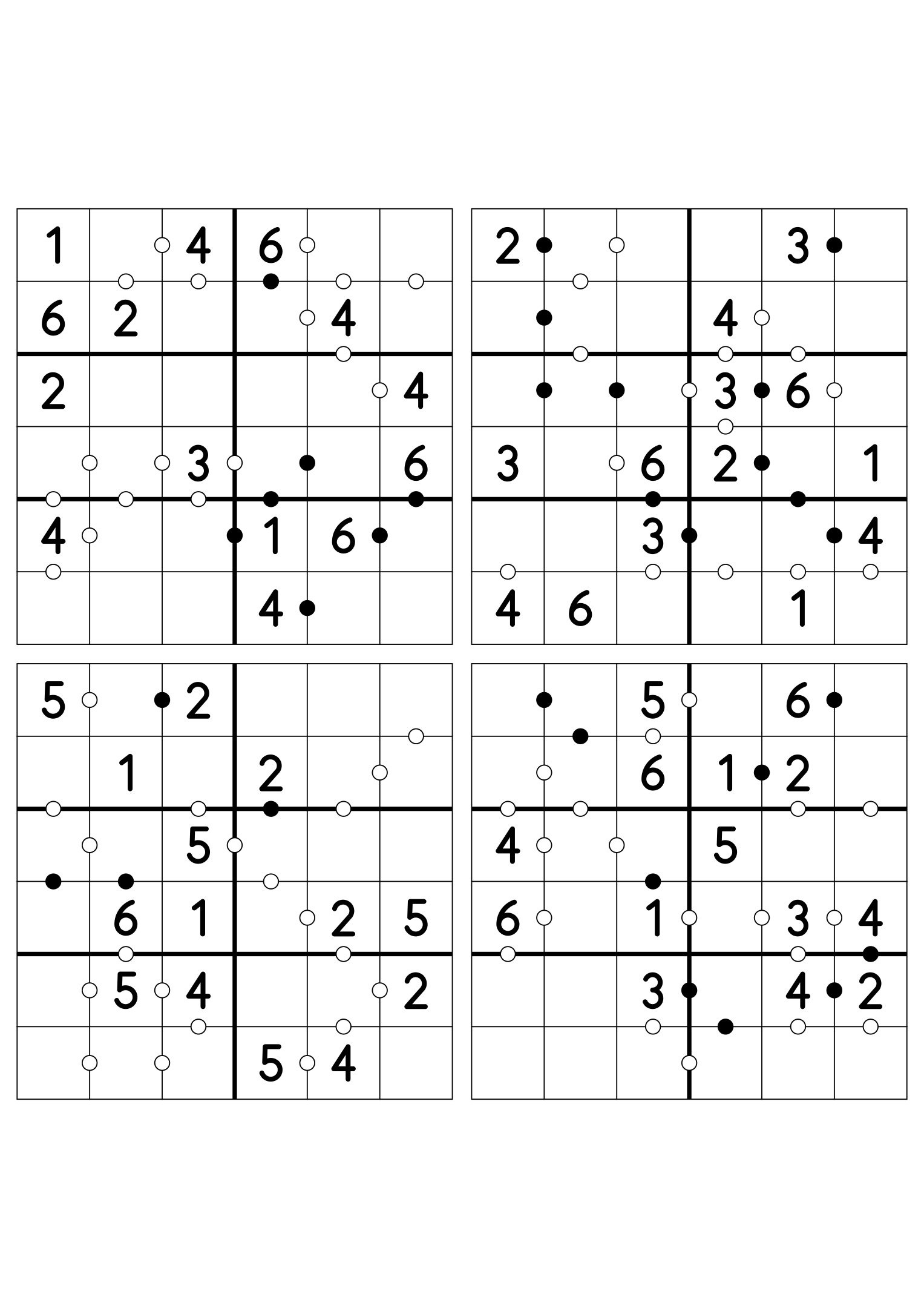 Four easy 6x6 Kropki puzzles, fourteen given digits per grid. Variant 1.