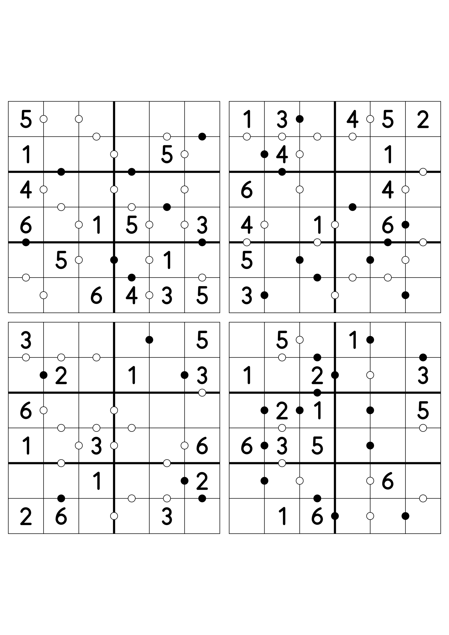 Four easy 6x6 Kropki puzzles, fourteen given digits per grid. Variant 2.