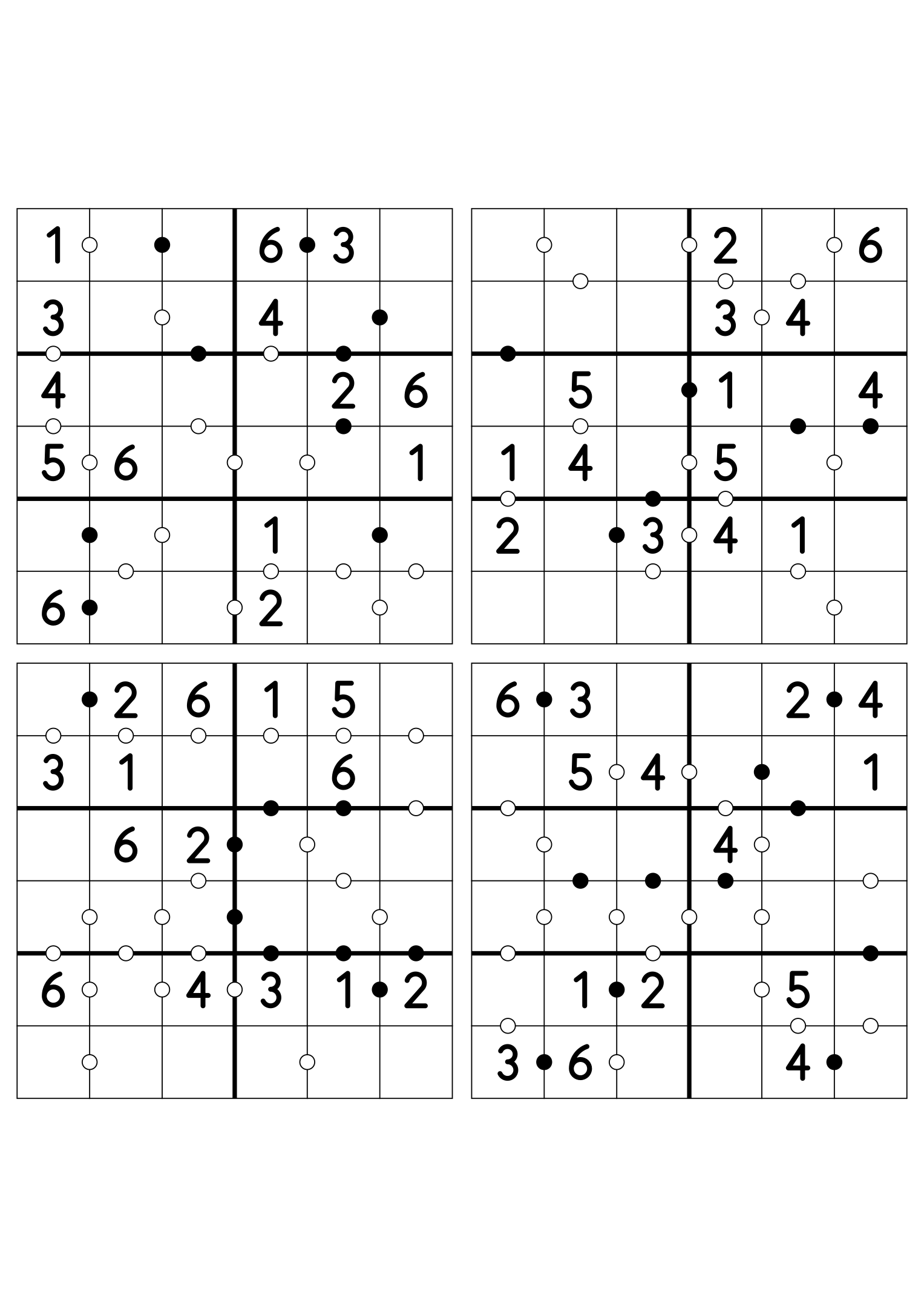 Four easy 6x6 Kropki puzzles, fourteen given digits per grid. Variant 3.