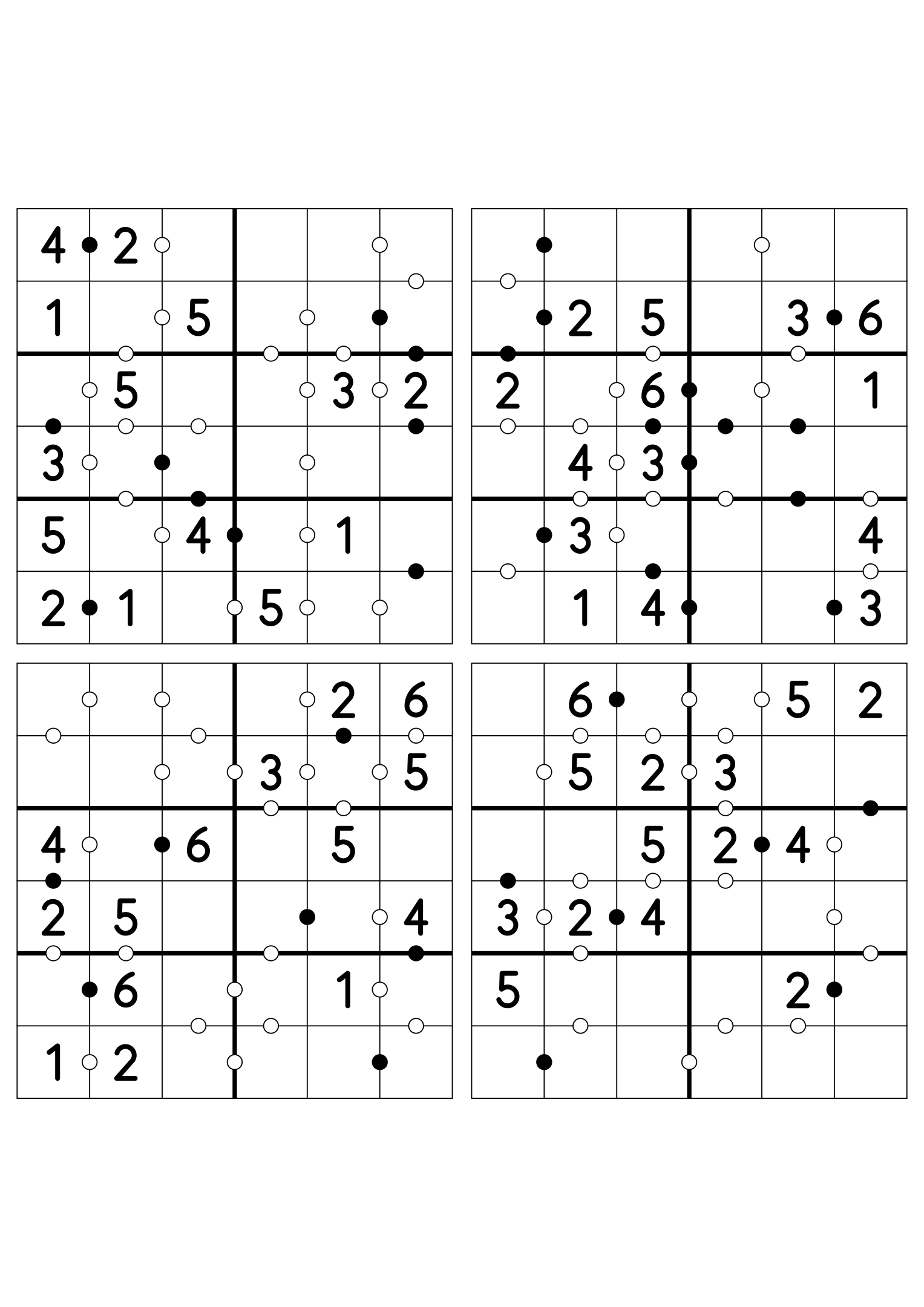 Four easy 6x6 Kropki puzzles, fourteen given digits per grid. Variant 4.
