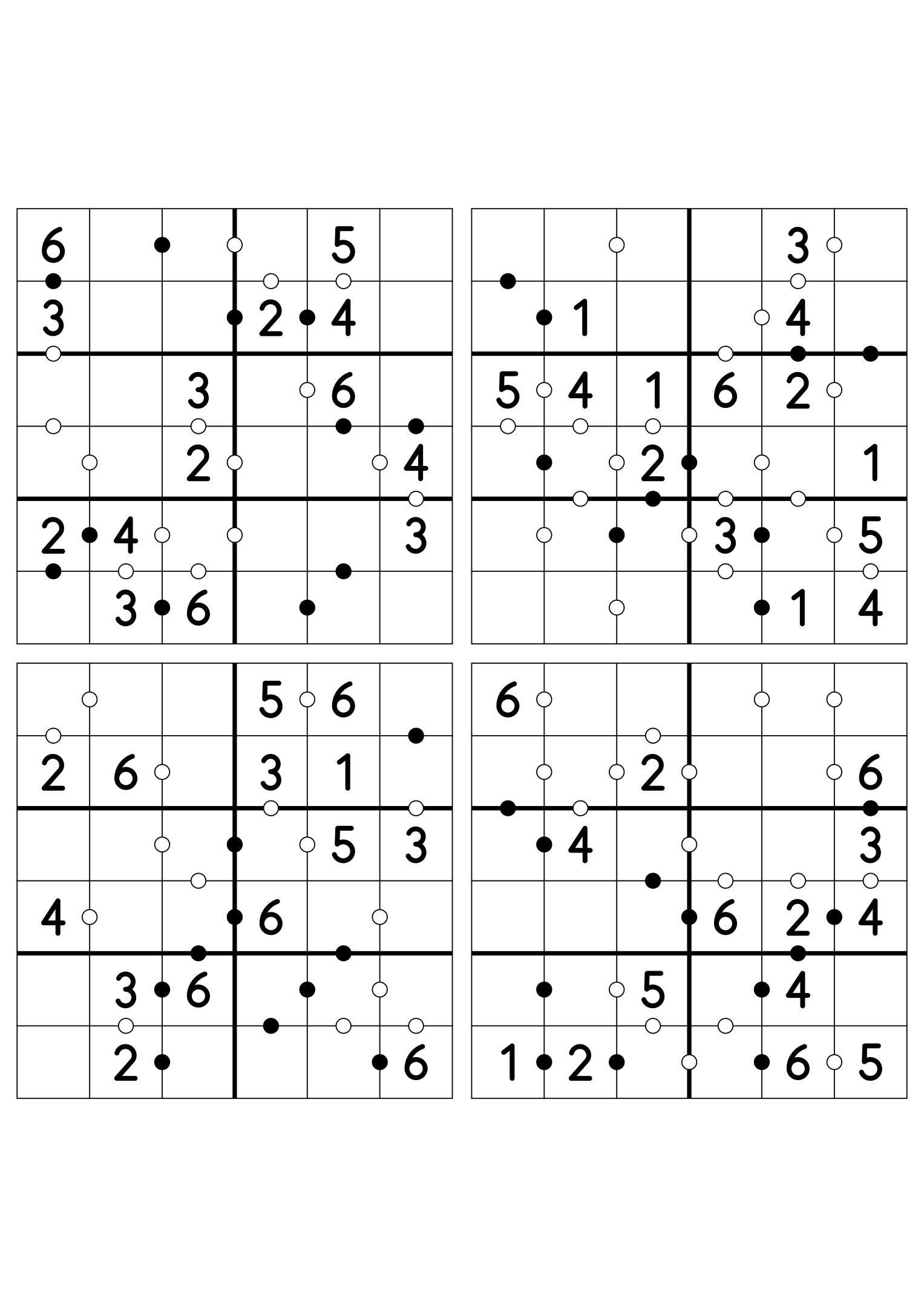 Four easy 6x6 Kropki puzzles, fourteen given digits per grid. Variant 5.
