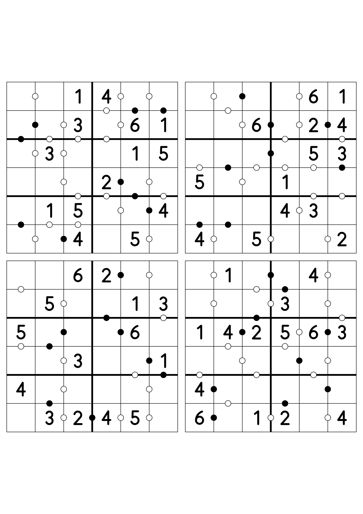 Four easy 6x6 Kropki puzzles, fourteen given digits per grid. Variant 6.