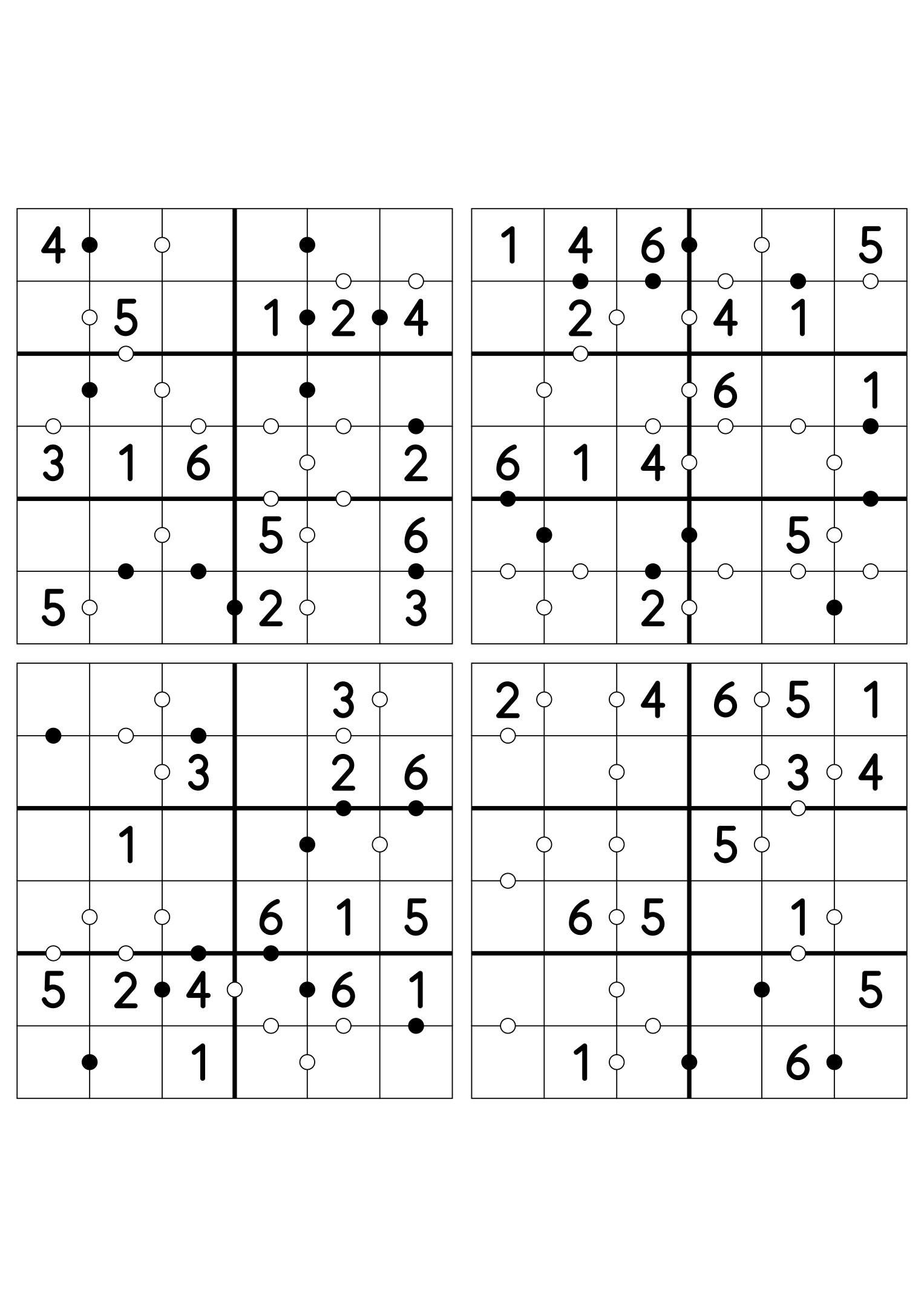 Four easy 6x6 Kropki puzzles, fourteen given digits per grid. Variant 7.