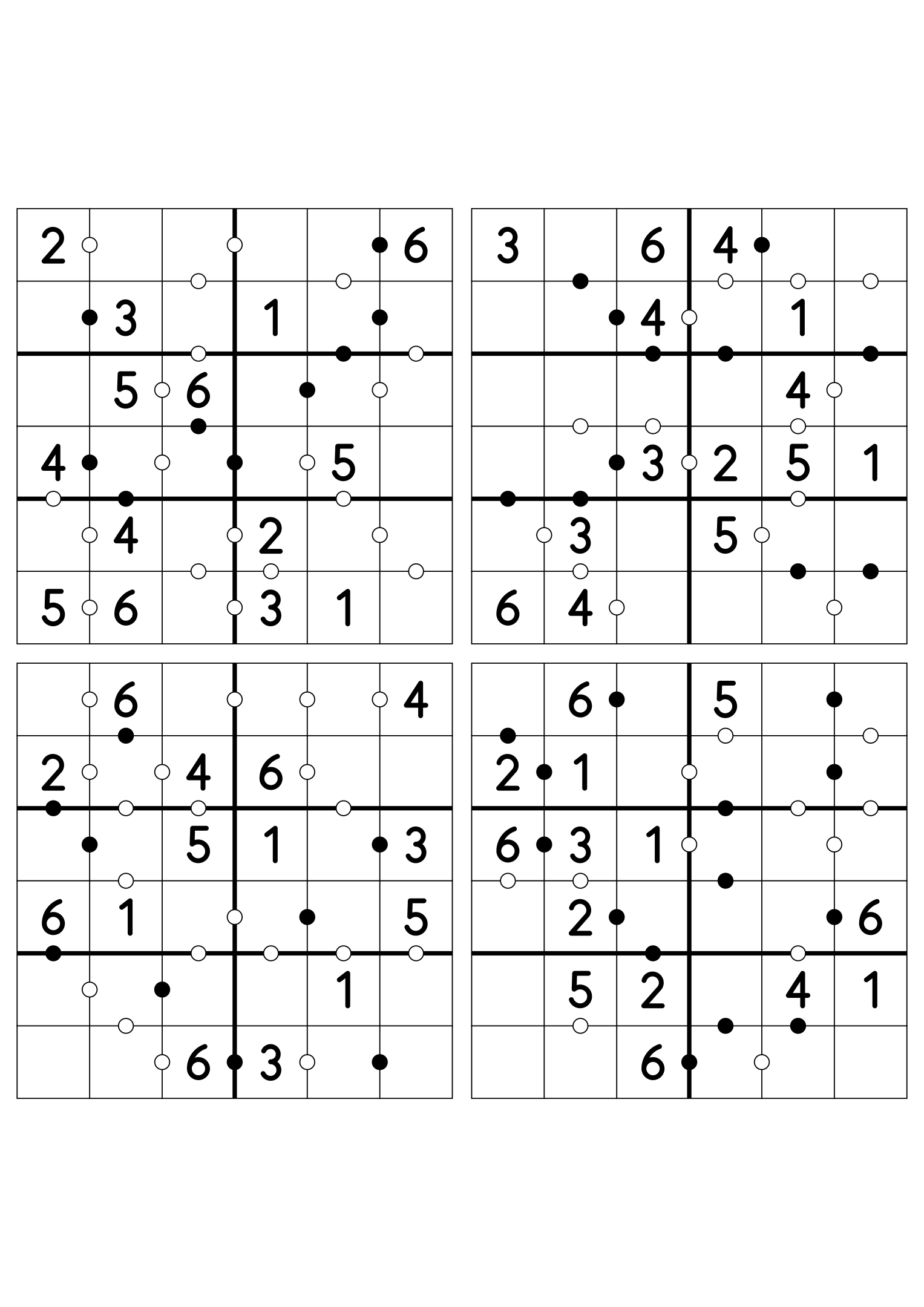 Four easy 6x6 Kropki puzzles, fourteen given digits per grid. Variant 8.