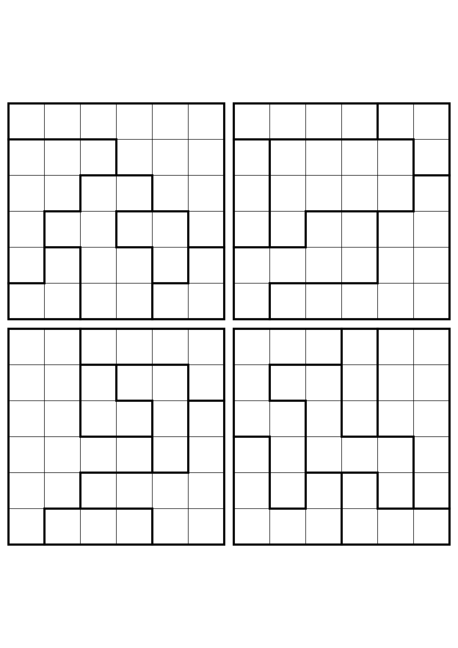 Four easy 6x6 star battle grids, each solved region by region. Level: Easy, 4 puzzles per page. Variant 1.