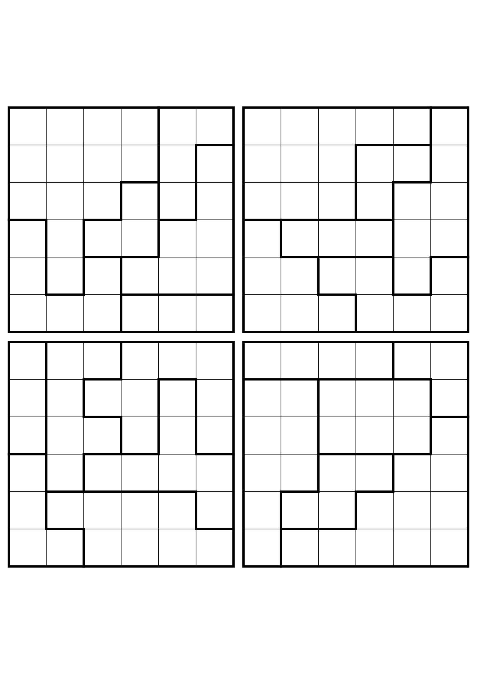 Four easy 6x6 star battle grids, each solved region by region. Level: Easy, 4 puzzles per page. Variant 2.