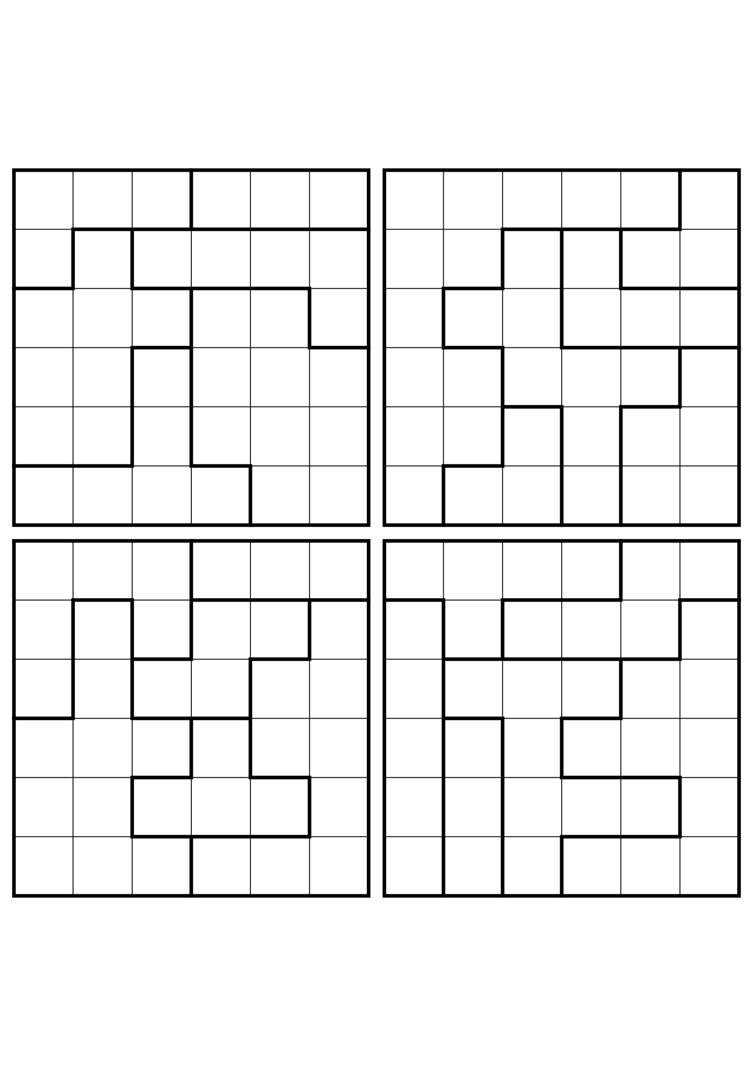 Four easy 6x6 star battle grids, each solved region by region. Level: Easy, 4 puzzles per page. Variant 3.