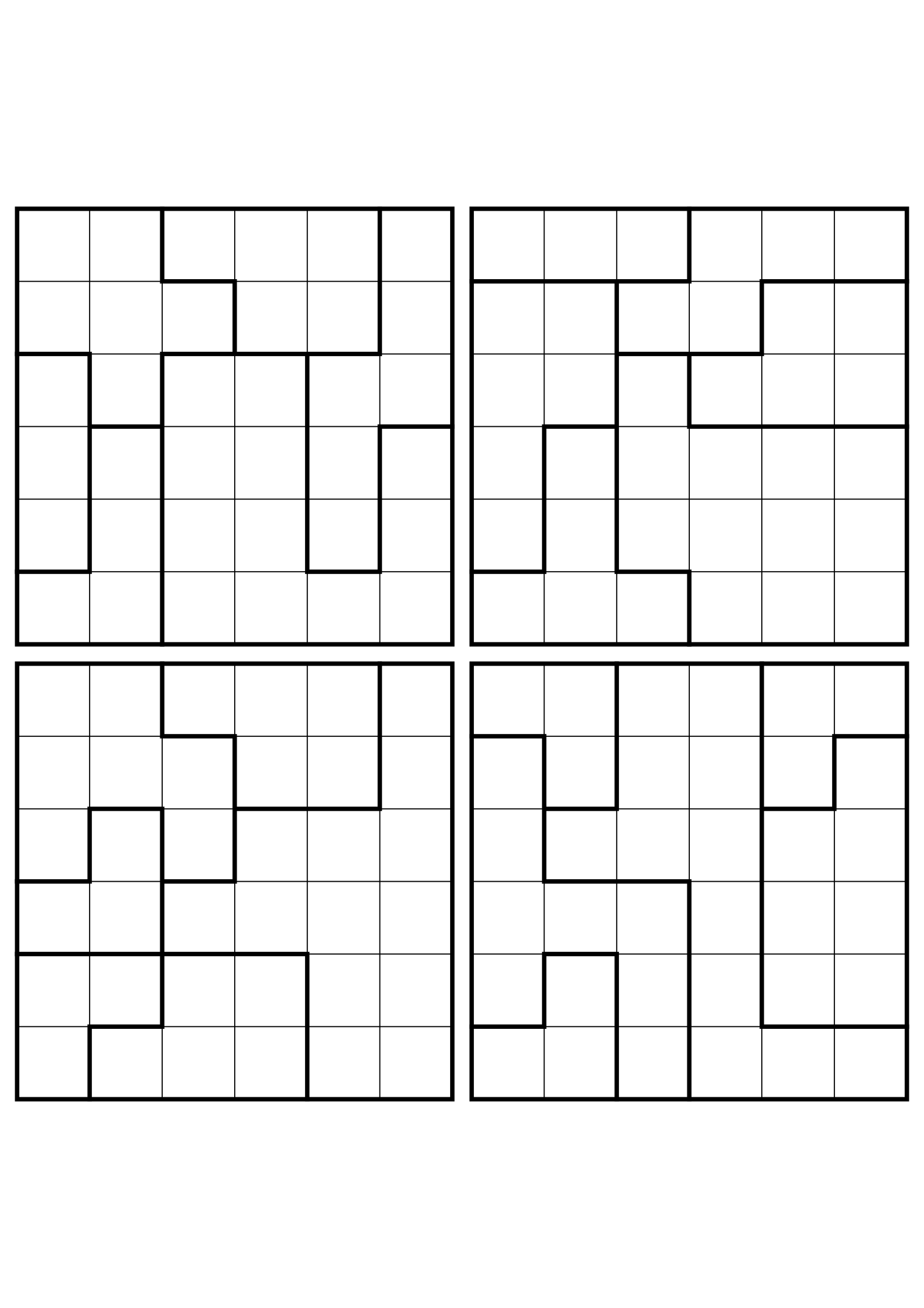 Four easy 6x6 star battle grids, each solved region by region. Level: Easy, 4 puzzles per page. Variant 4.