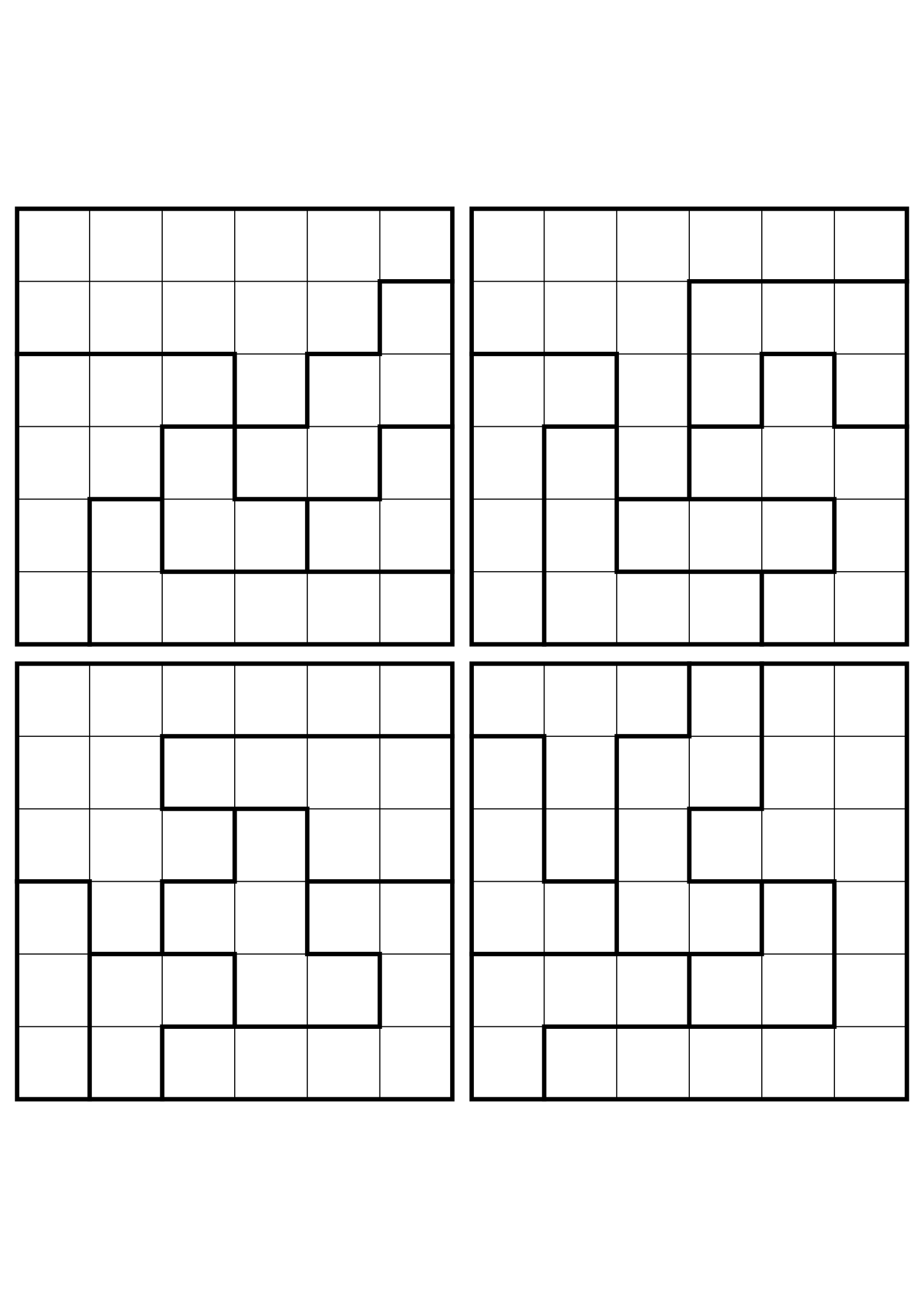 Four easy 6x6 star battle grids, each solved region by region. Level: Easy, 4 puzzles per page. Variant 5.