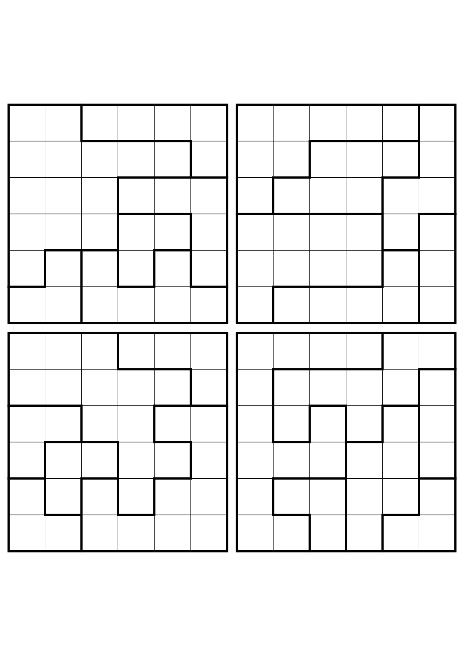 Four easy 6x6 star battle grids, each solved region by region. Level: Easy, 4 puzzles per page. Variant 6.