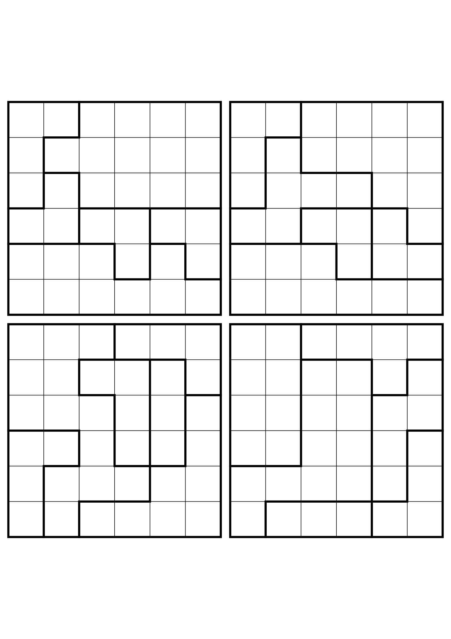 Four easy 6x6 star battle grids, each solved region by region. Level: Easy, 4 puzzles per page. Variant 7.