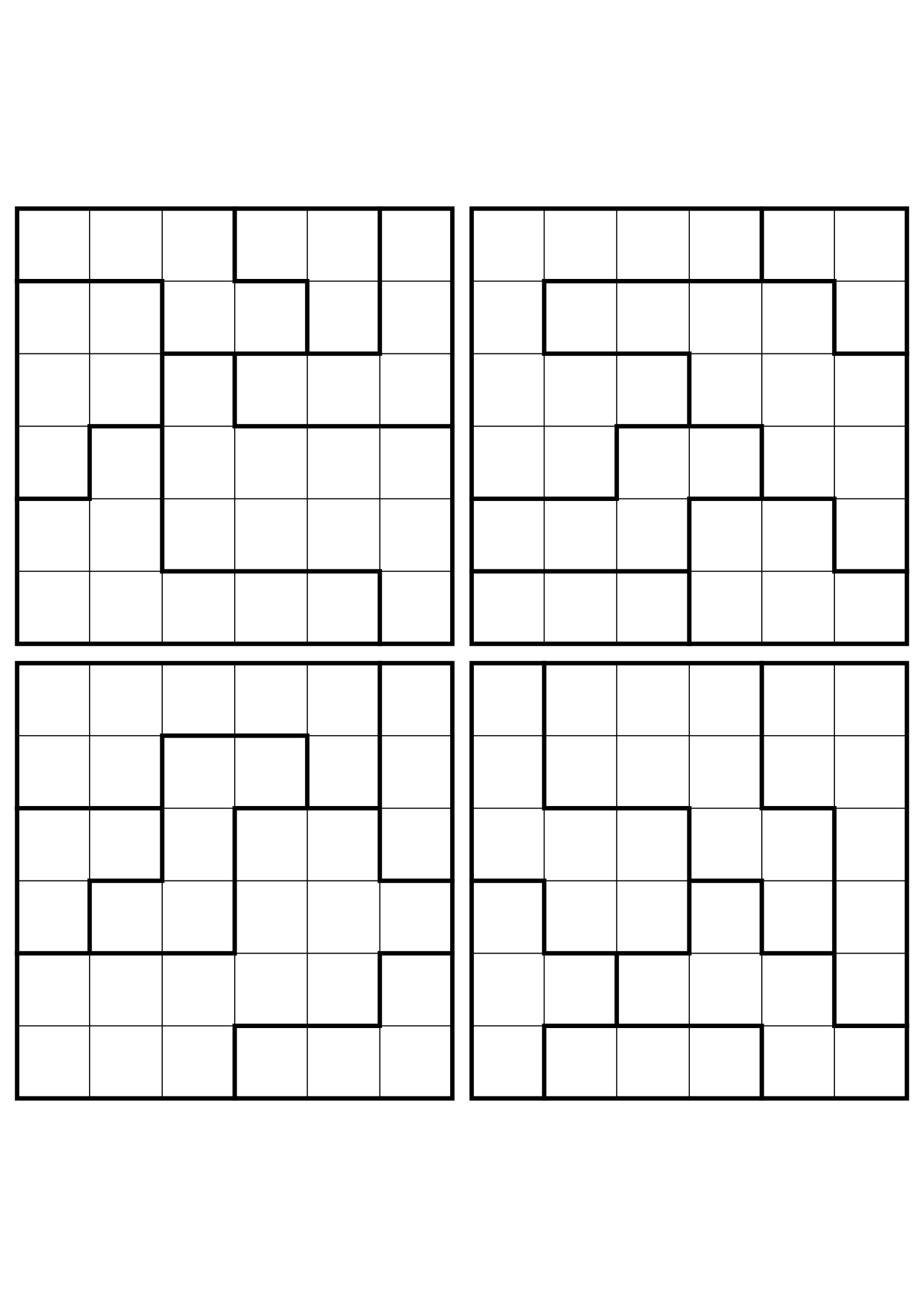 Four easy 6x6 star battle grids, each solved region by region. Level: Easy, 4 puzzles per page. Variant 8.