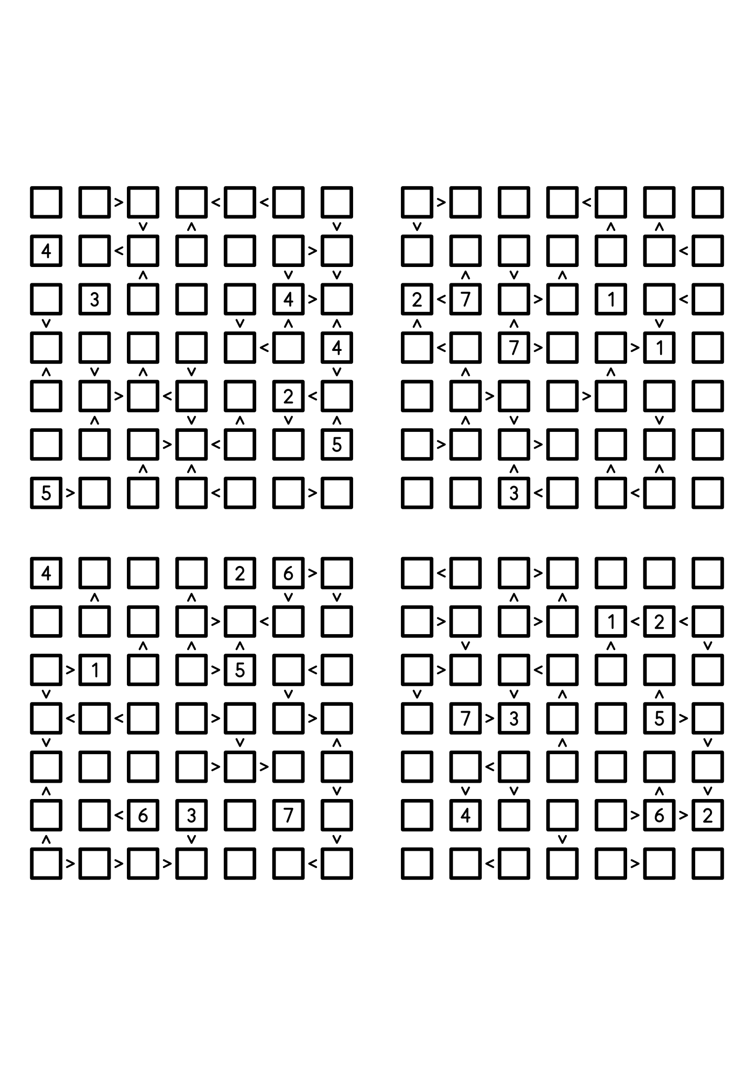 Four easy 7x7 futoshiki grids, each with extra given digits and signs. Level: Easy, 4 puzzles per page. Variant 1.