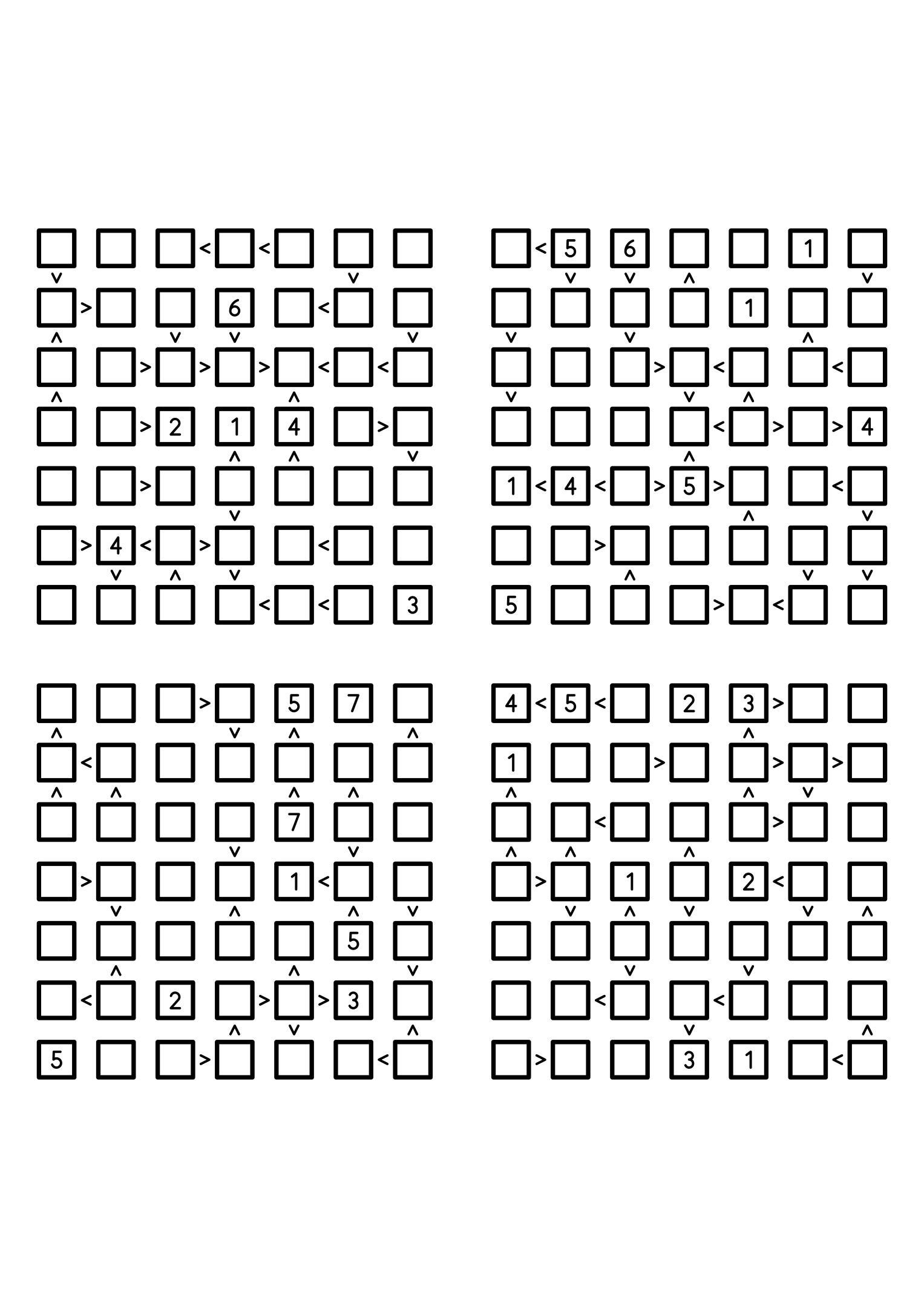 Four easy 7x7 futoshiki grids, each with extra given digits and signs. Level: Easy, 4 puzzles per page. Variant 2.