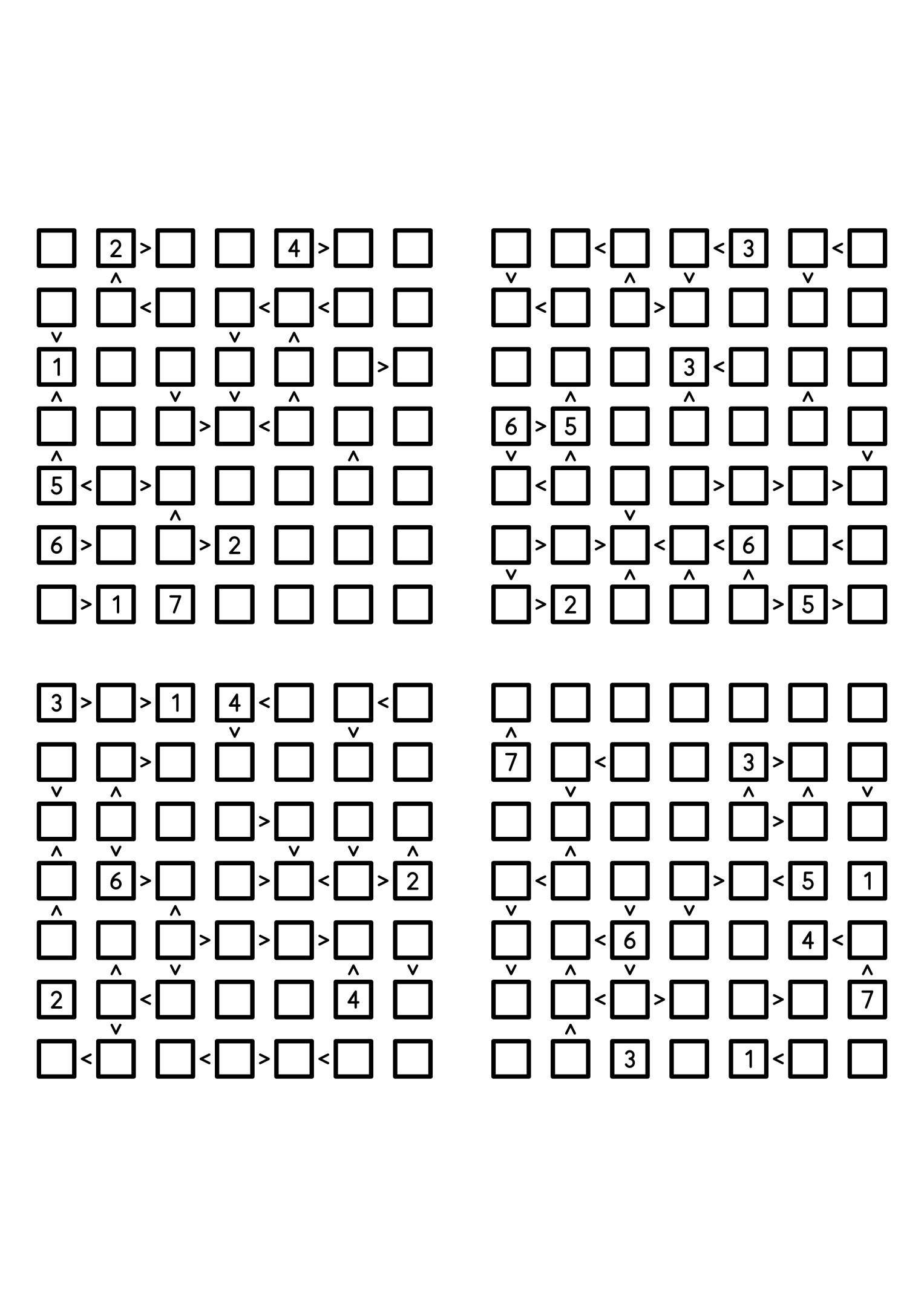 Four easy 7x7 futoshiki grids, each with extra given digits and signs. Level: Easy, 4 puzzles per page. Variant 3.