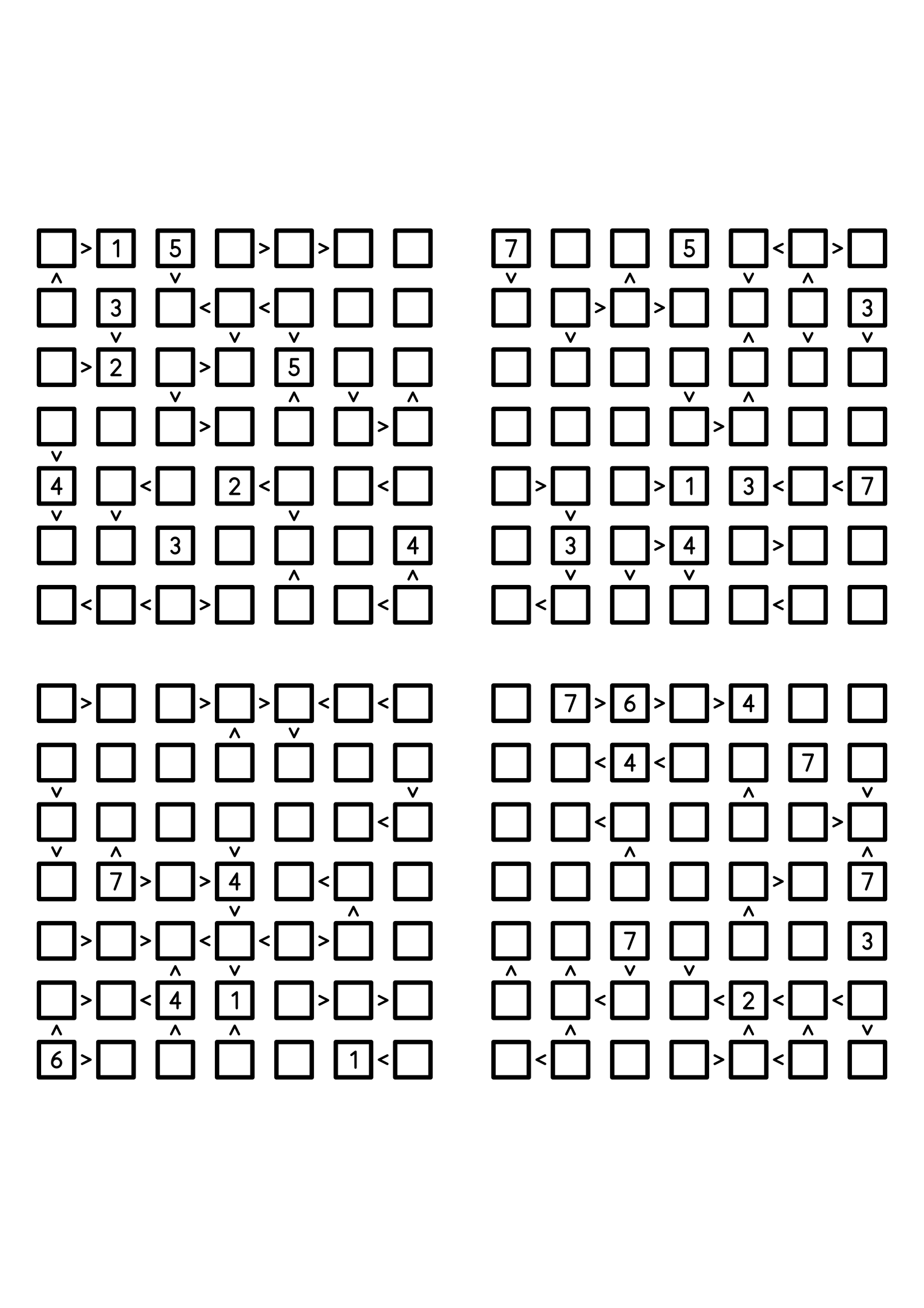 Four easy 7x7 futoshiki grids, each with extra given digits and signs. Level: Easy, 4 puzzles per page. Variant 4.