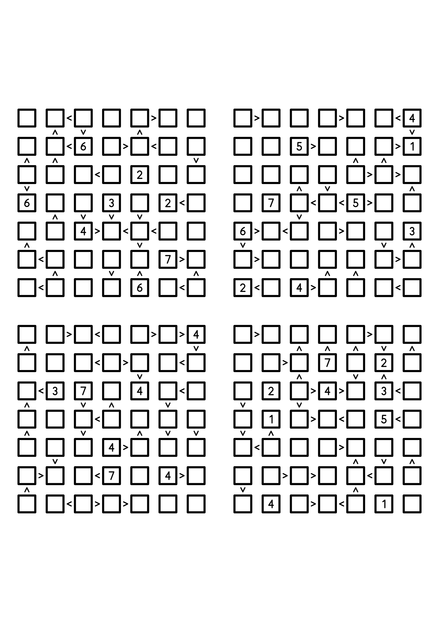 Four easy 7x7 futoshiki grids, each with extra given digits and signs. Level: Easy, 4 puzzles per page. Variant 5.
