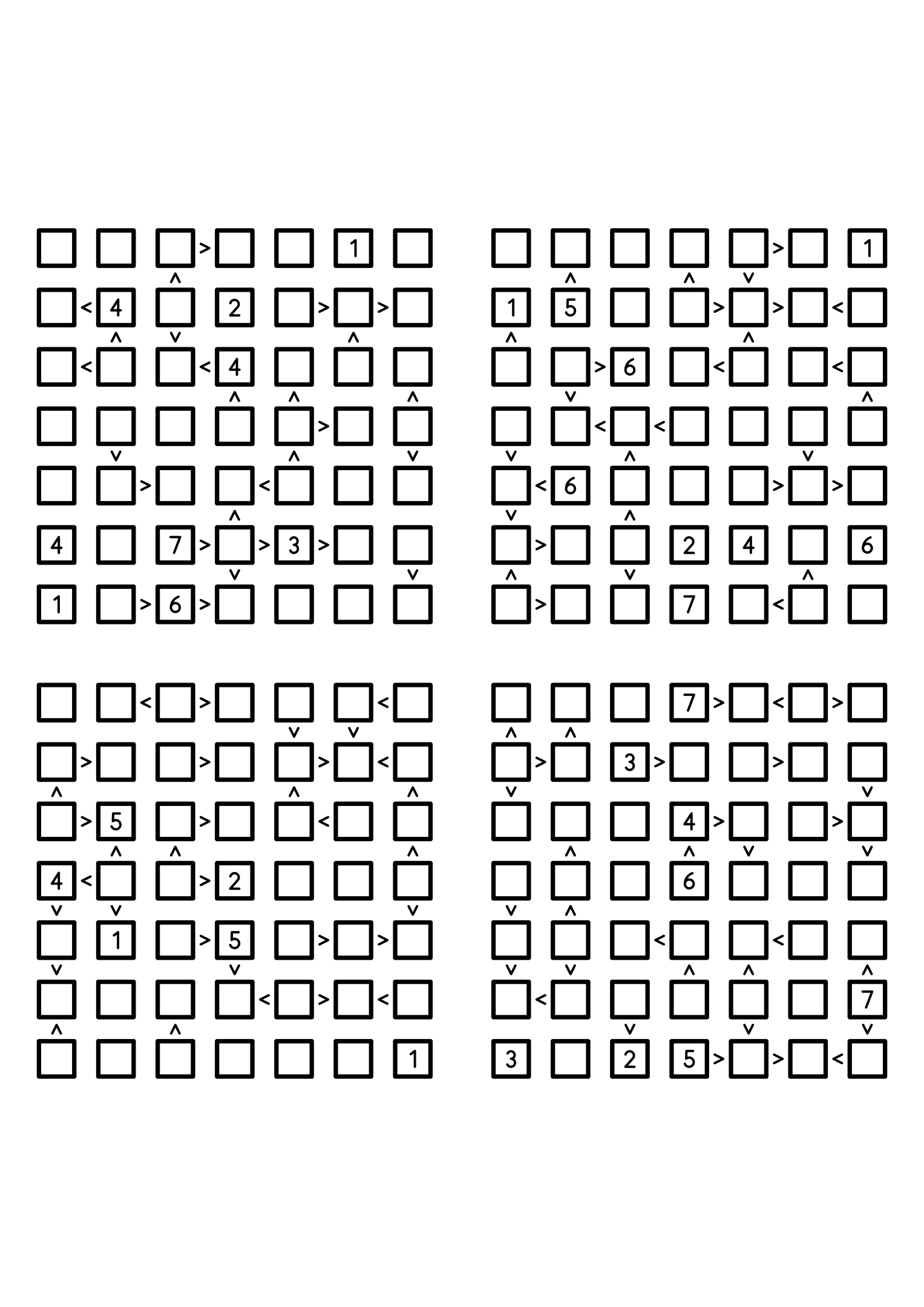 Four easy 7x7 futoshiki grids, each with extra given digits and signs. Level: Easy, 4 puzzles per page. Variant 6.