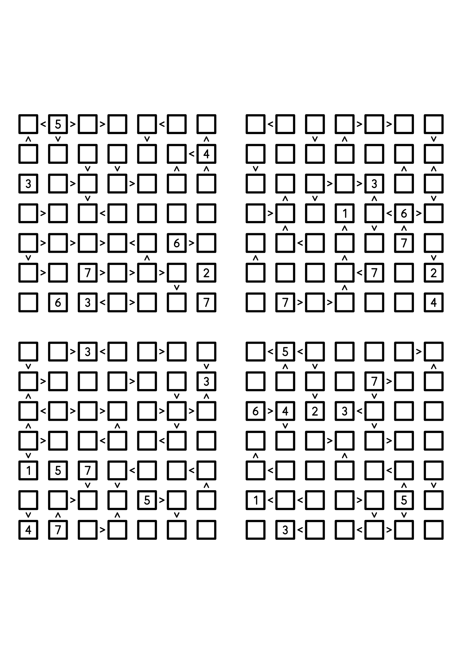 Four easy 7x7 futoshiki grids, each with extra given digits and signs. Level: Easy, 4 puzzles per page. Variant 7.