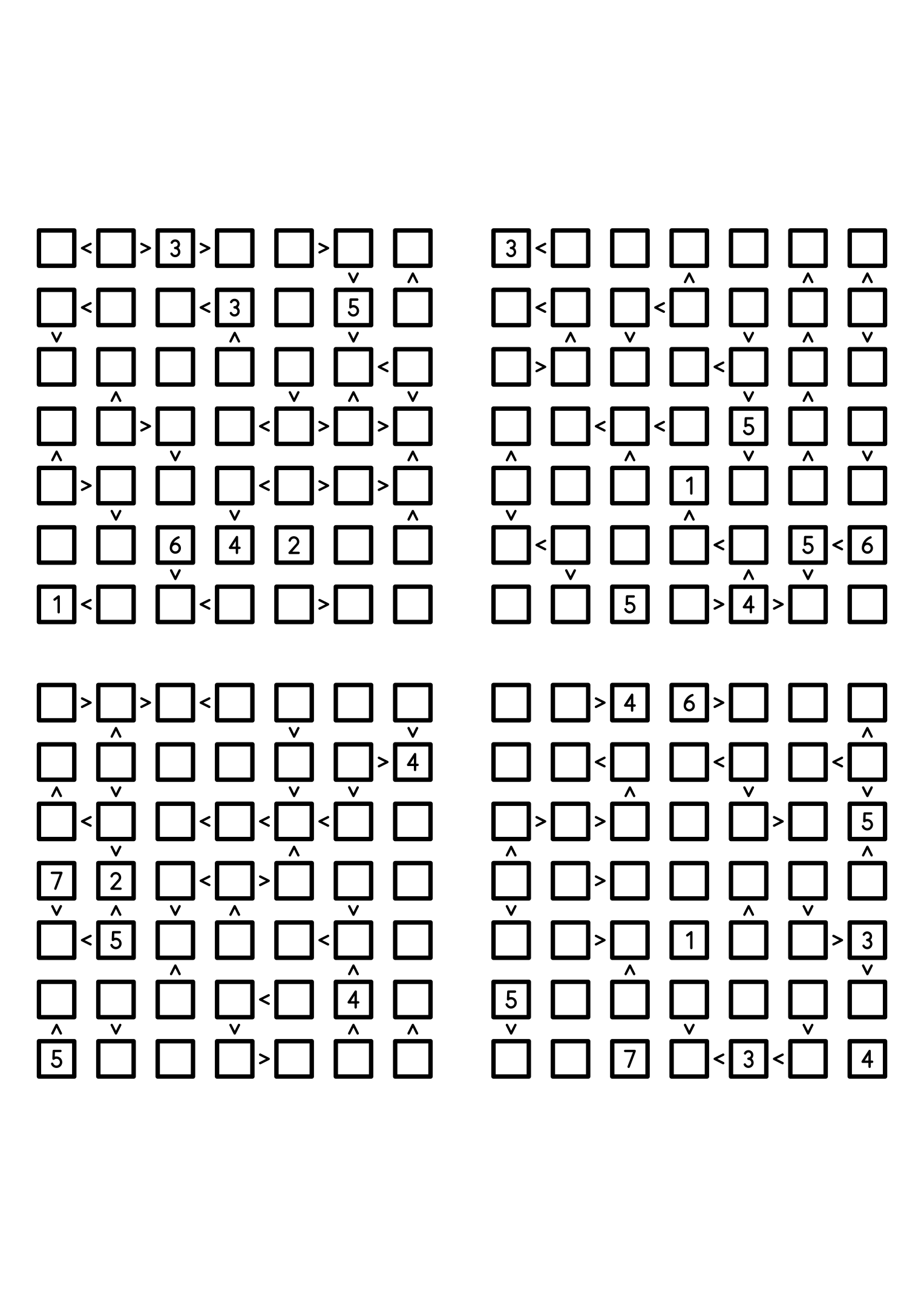 Four easy 7x7 futoshiki grids, each with extra given digits and signs. Level: Easy, 4 puzzles per page. Variant 8.