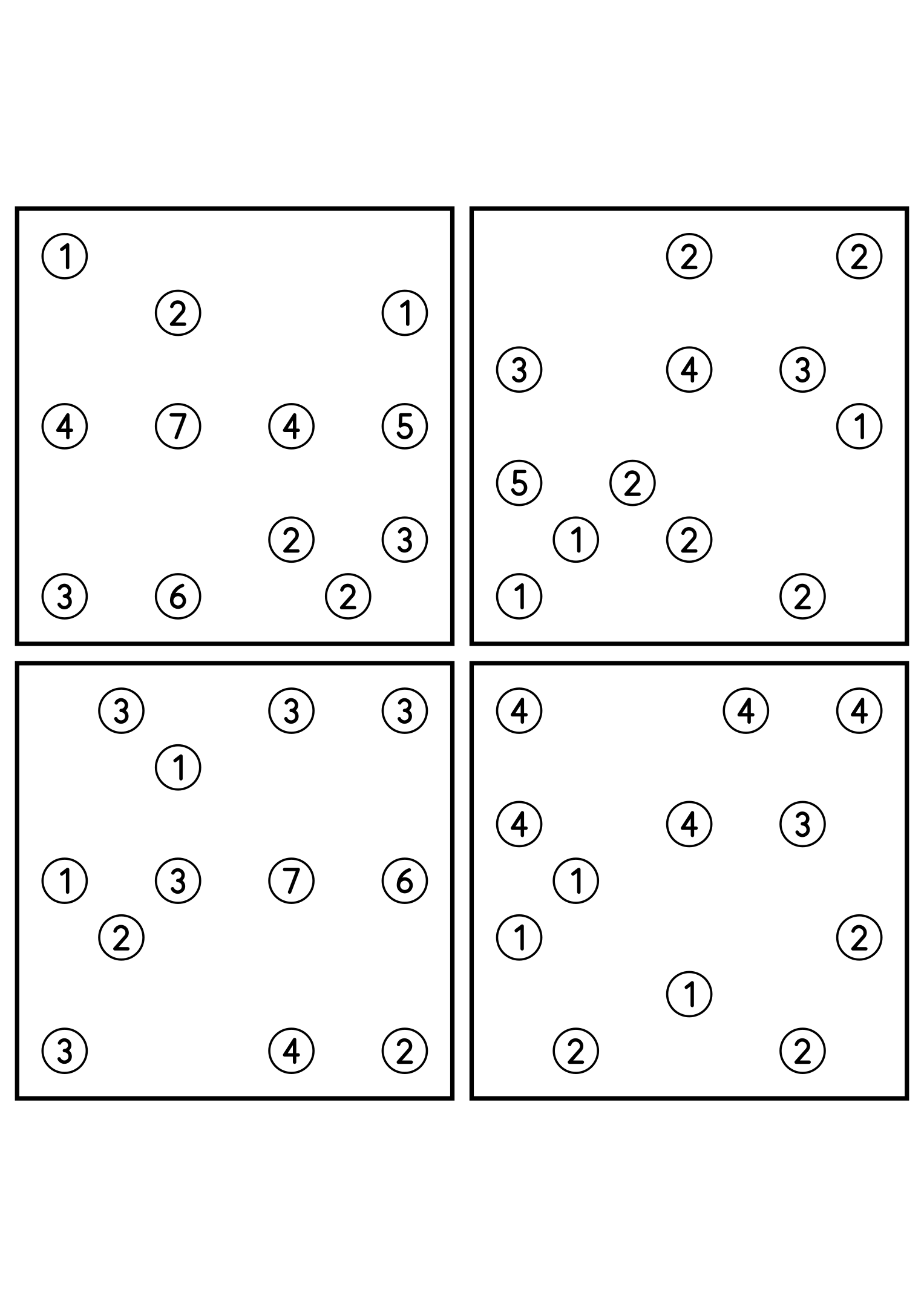 Four easy 7x7 hashi puzzles, each solved by counting bridges. Level: Easy, 4 puzzles per page. Variant 1.