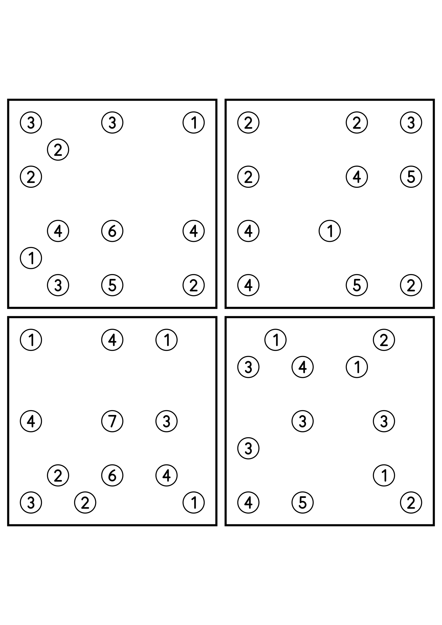 Four easy 7x7 hashi puzzles, each solved by counting bridges. Level: Easy, 4 puzzles per page. Variant 2.