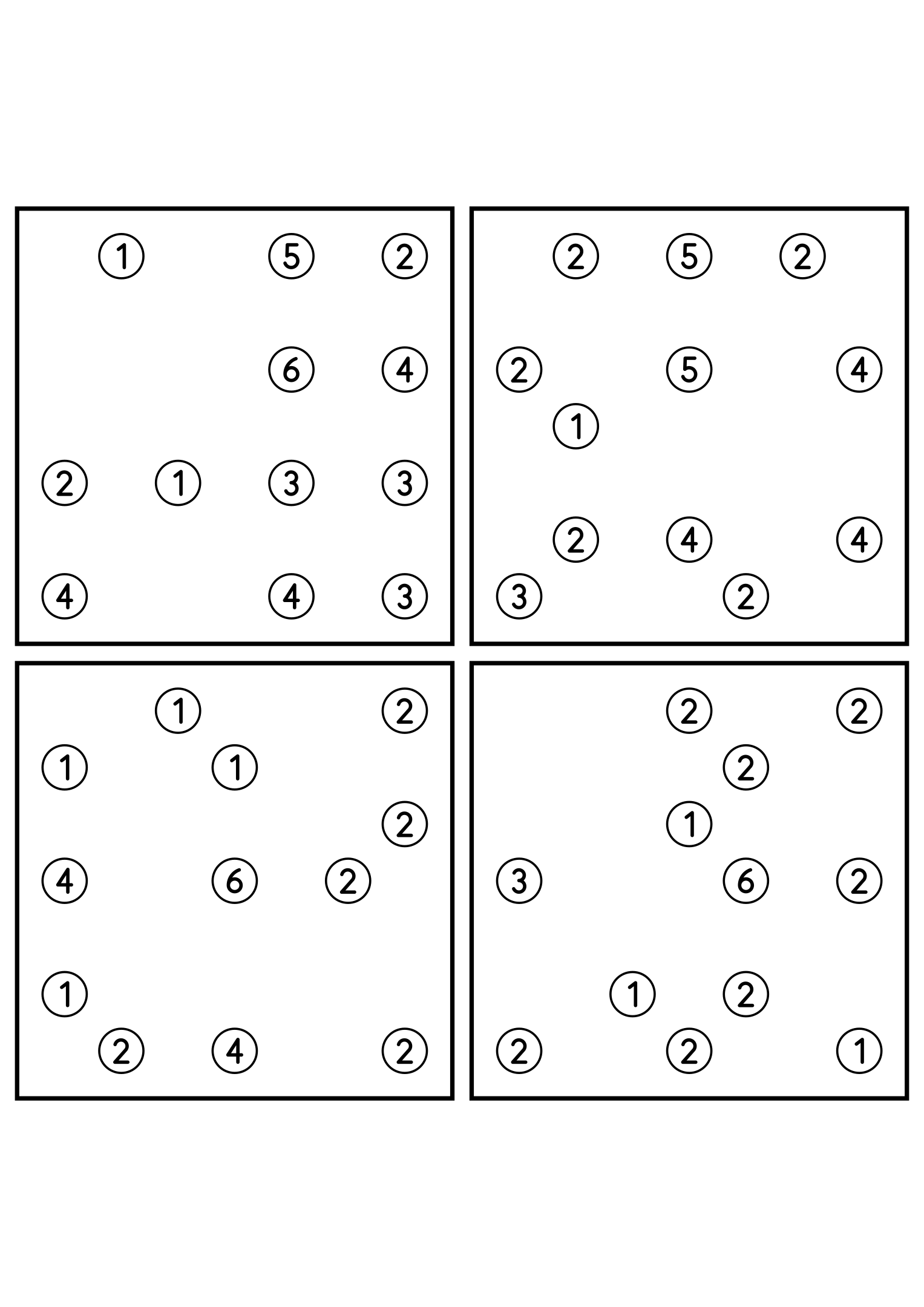 Four easy 7x7 hashi puzzles, each solved by counting bridges. Level: Easy, 4 puzzles per page. Variant 3.