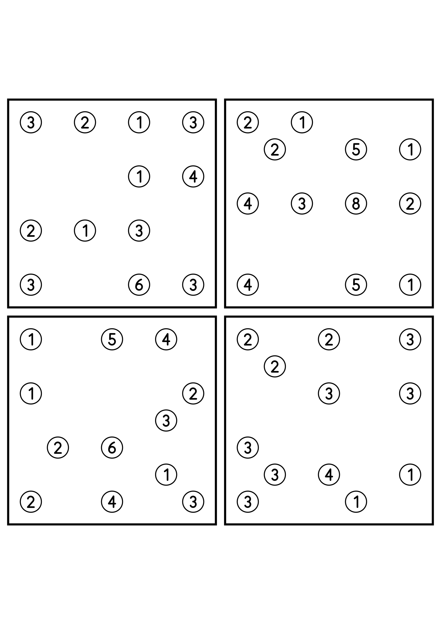 Four easy 7x7 hashi puzzles, each solved by counting bridges. Level: Easy, 4 puzzles per page. Variant 4.