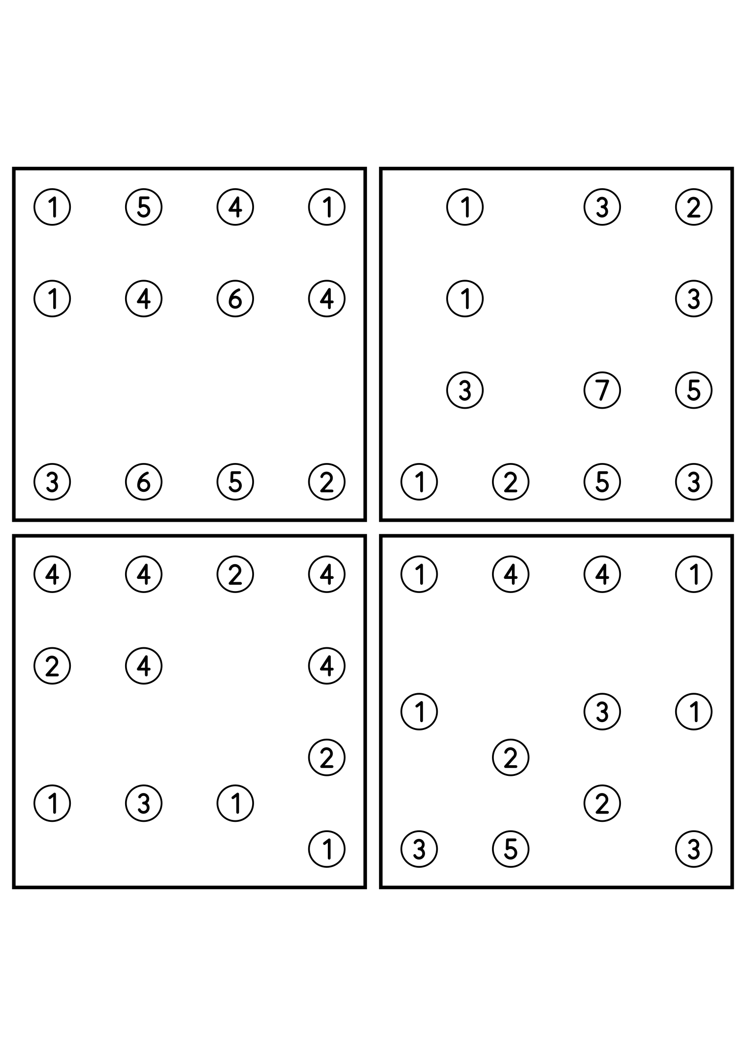 Four easy 7x7 hashi puzzles, each solved by counting bridges. Level: Easy, 4 puzzles per page. Variant 5.