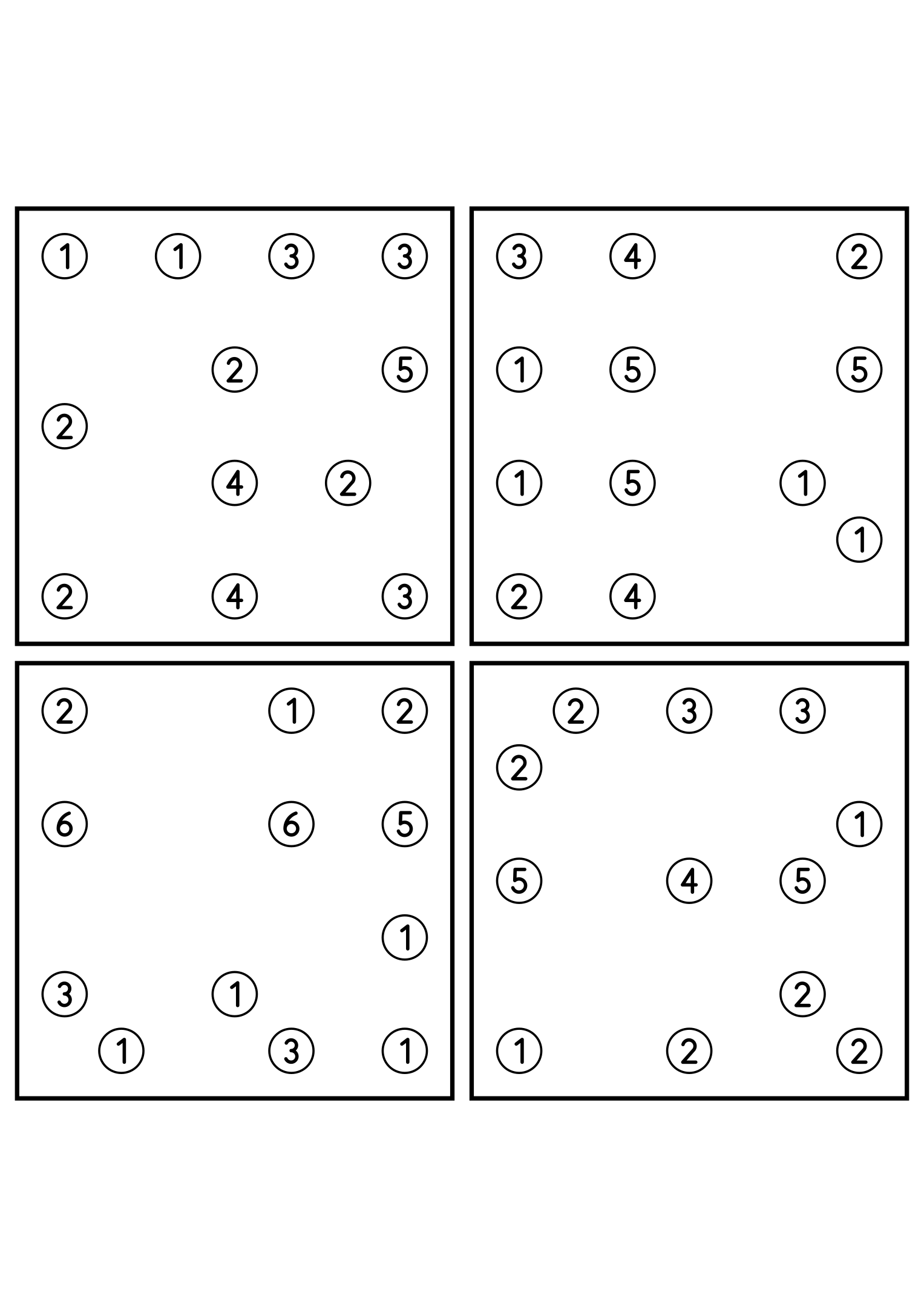 Four easy 7x7 hashi puzzles, each solved by counting bridges. Level: Easy, 4 puzzles per page. Variant 6.