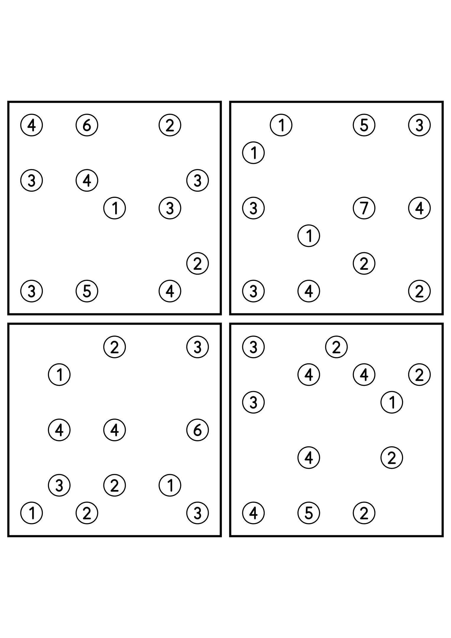 Four easy 7x7 hashi puzzles, each solved by counting bridges. Level: Easy, 4 puzzles per page. Variant 7.