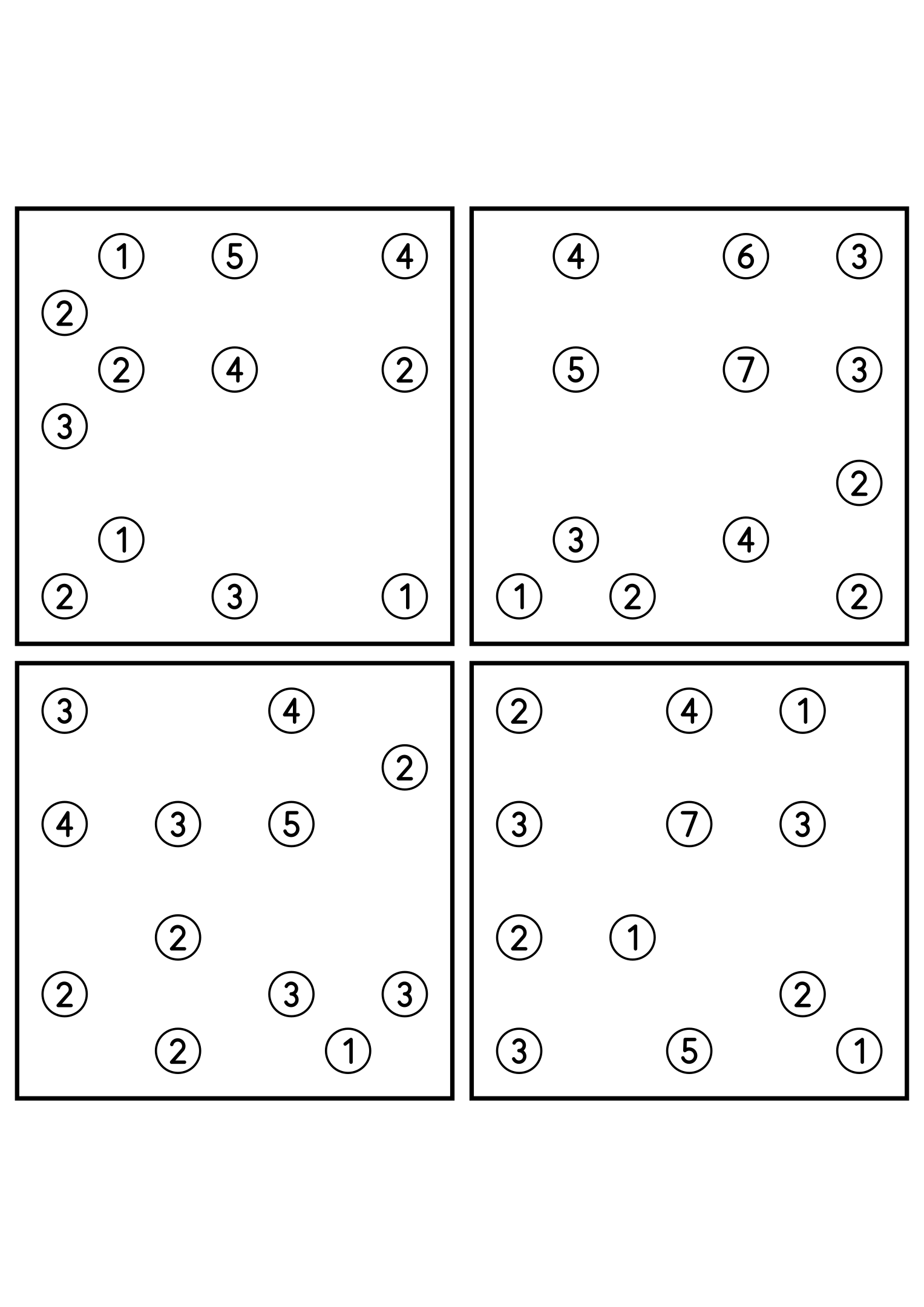Four easy 7x7 hashi puzzles, each solved by counting bridges. Level: Easy, 4 puzzles per page. Variant 8.