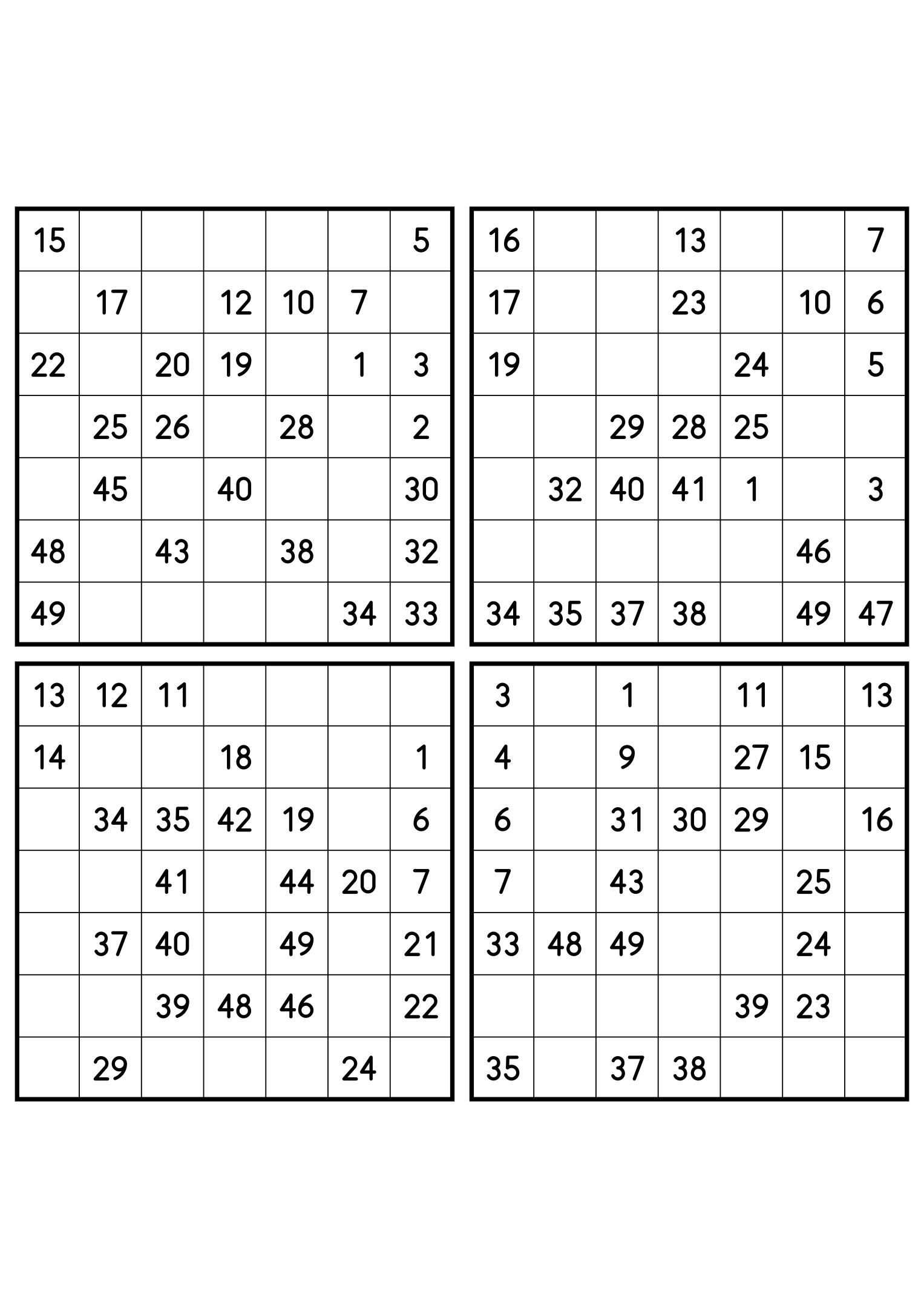 Four easy 7x7 Hidoku grids, 25 numbers given in each. Variant 1.