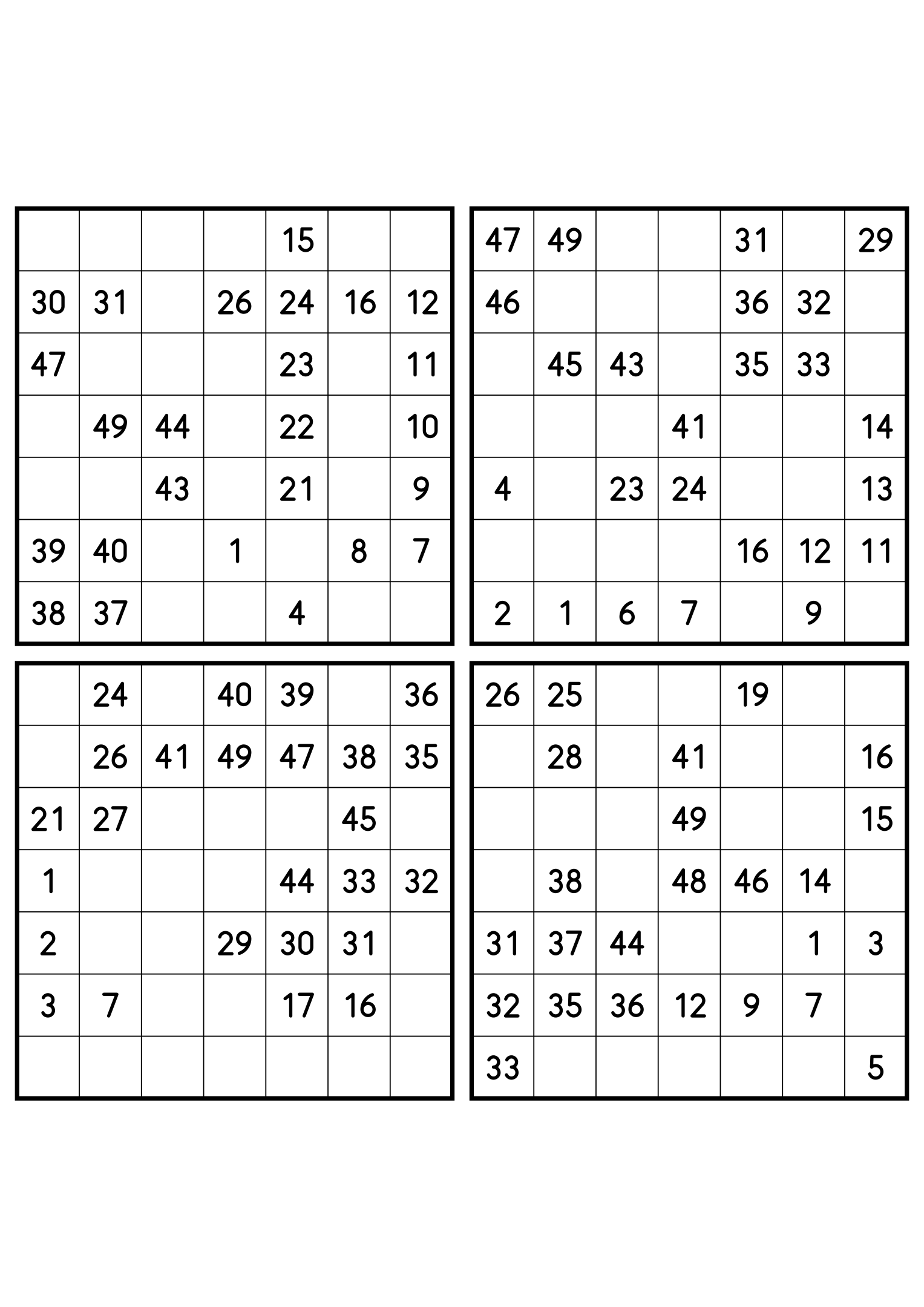 Four easy 7x7 Hidoku grids, 25 numbers given in each. Variant 2.