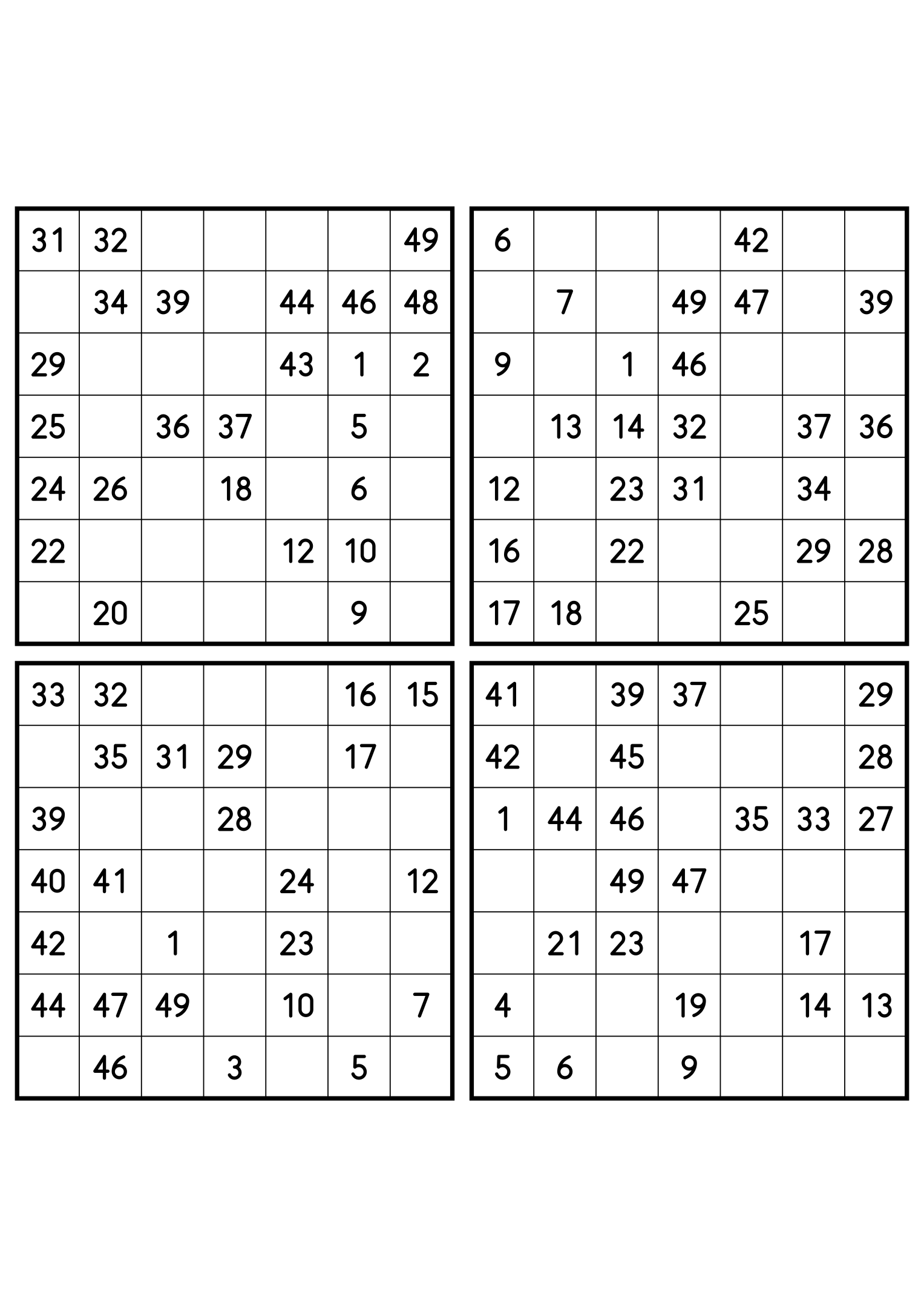Four easy 7x7 Hidoku grids, 25 numbers given in each. Variant 3.