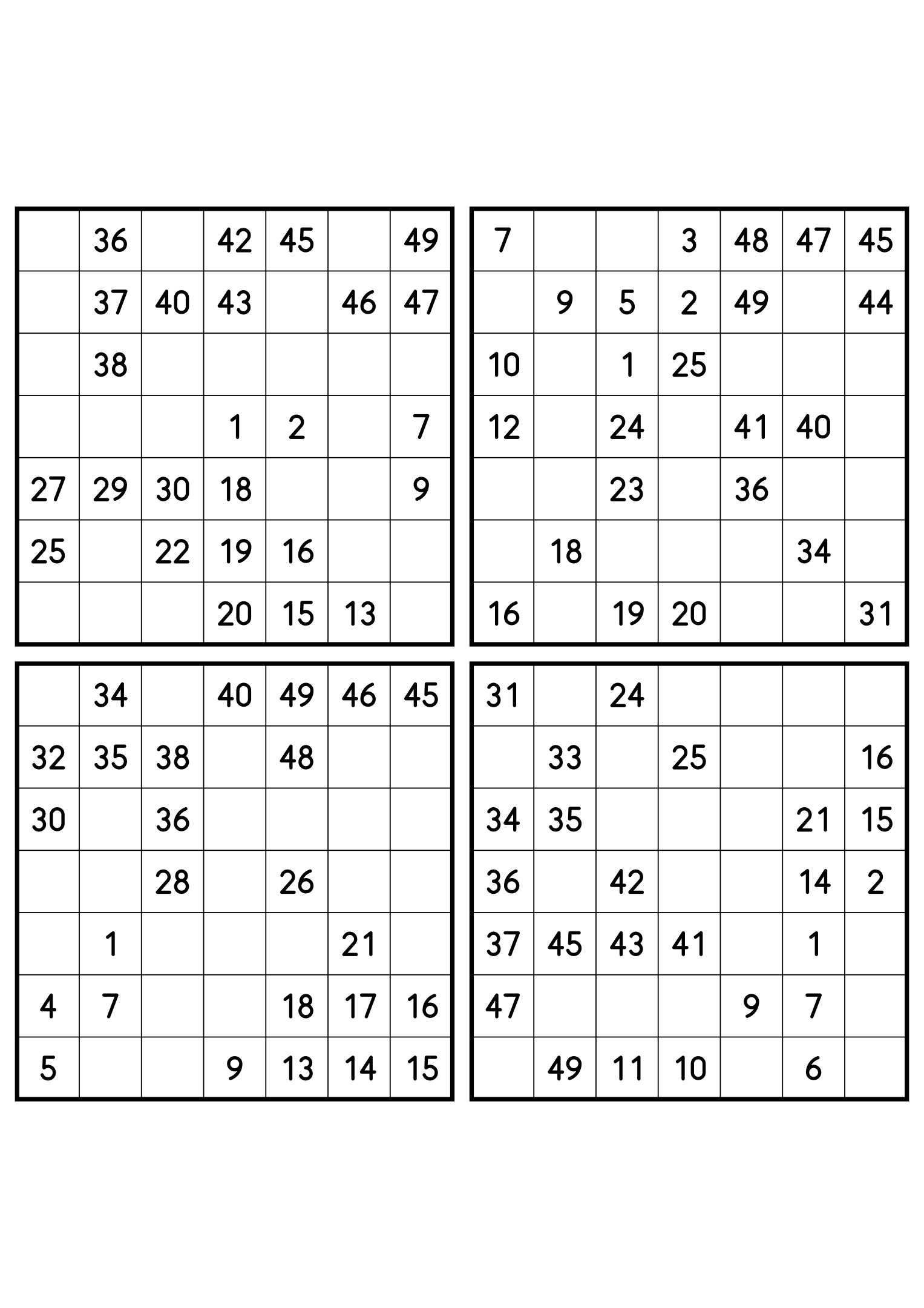 Four easy 7x7 Hidoku grids, 25 numbers given in each. Variant 4.